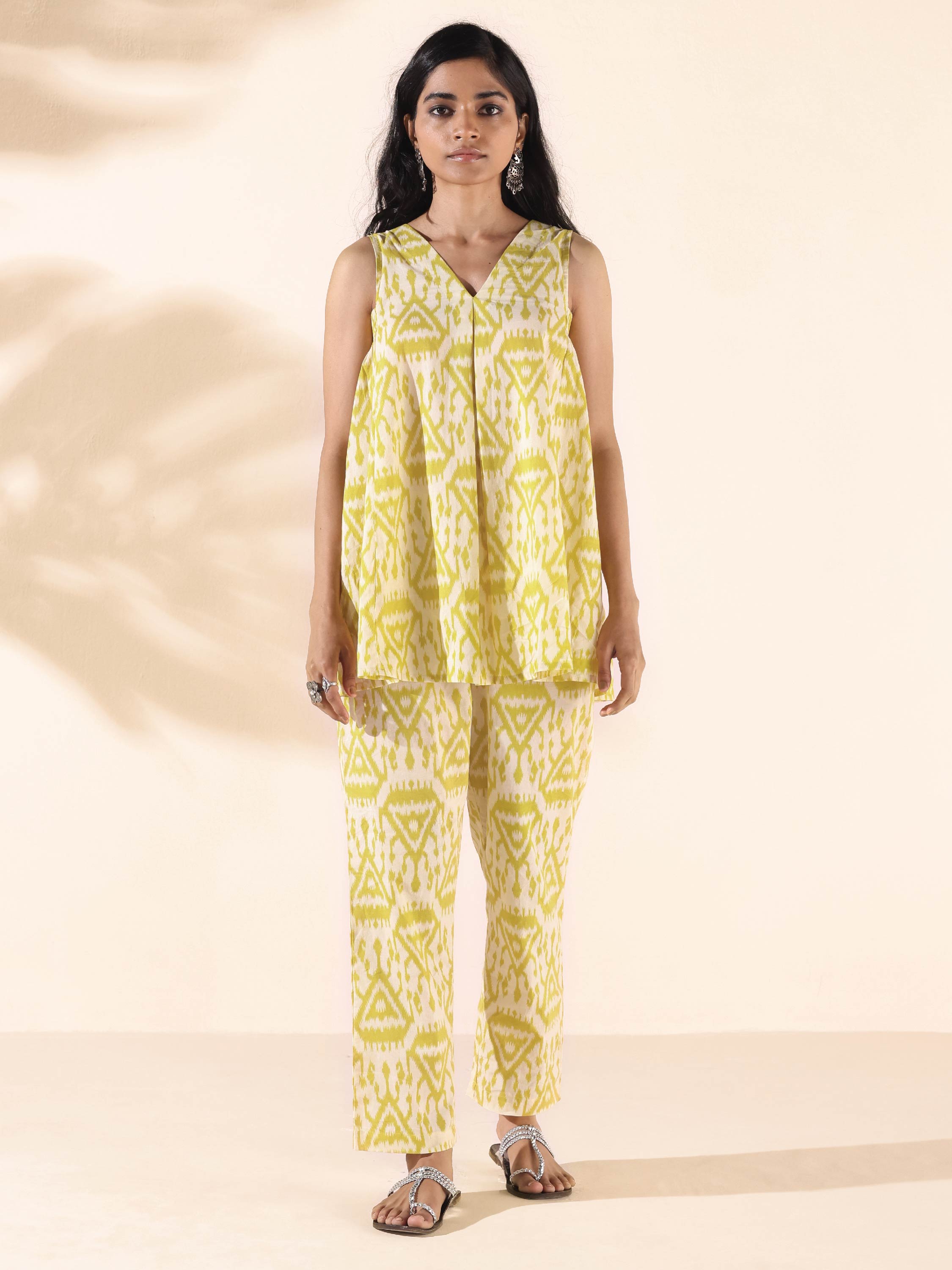 trueBrowns Lime Cotton Ikat Sleeveless Co-ord Set - Distacart