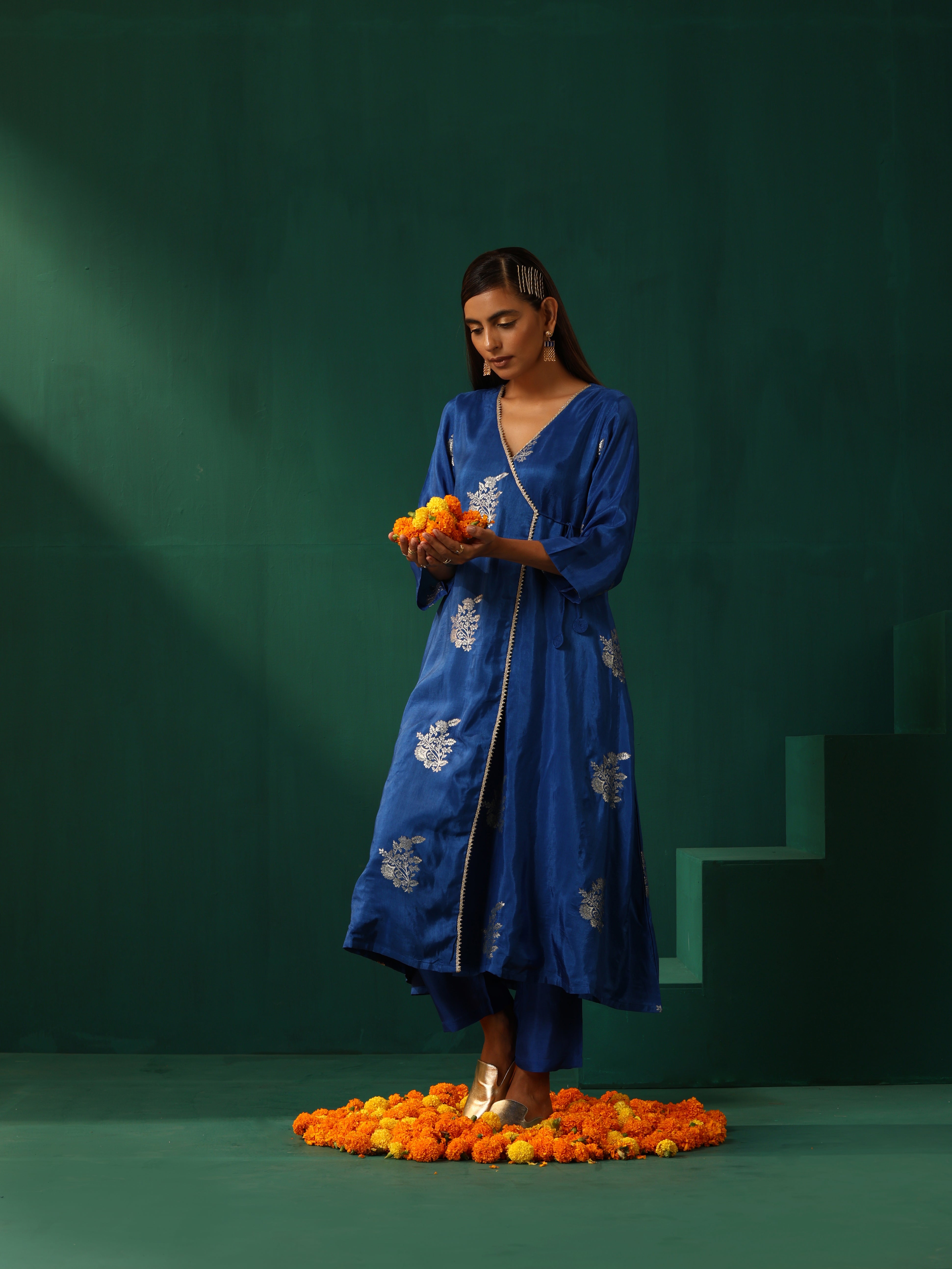 trueBrowns Royal Blue Floral Viscose Silk Angrakha Kurta Pant Set - Distacart