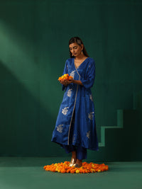 Thumbnail for trueBrowns Royal Blue Floral Viscose Silk Angrakha Kurta Pant Set - Distacart