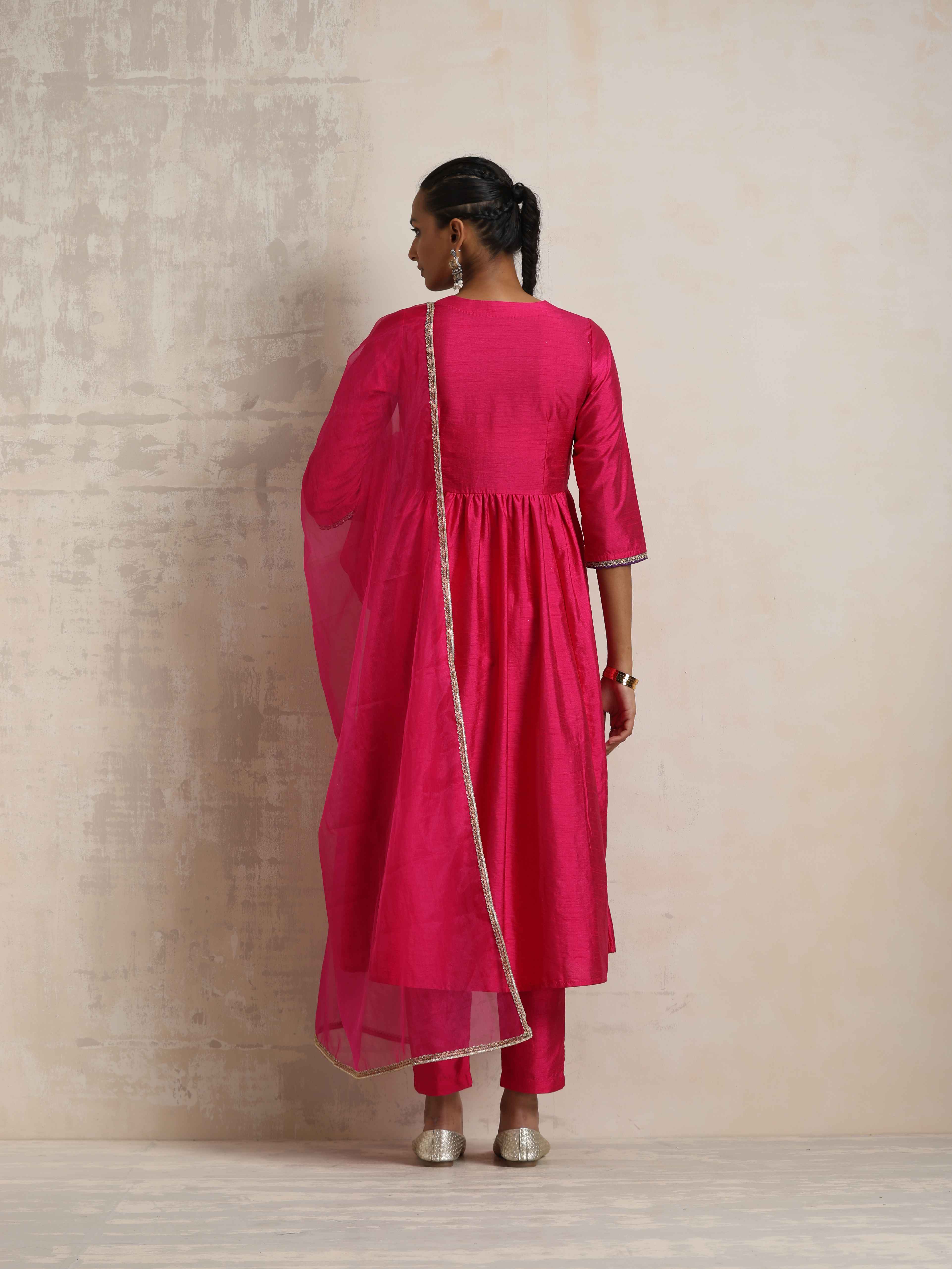 trueBrowns Pink Silk Anarkali Kurta Pant Dupatta Set - Distacart