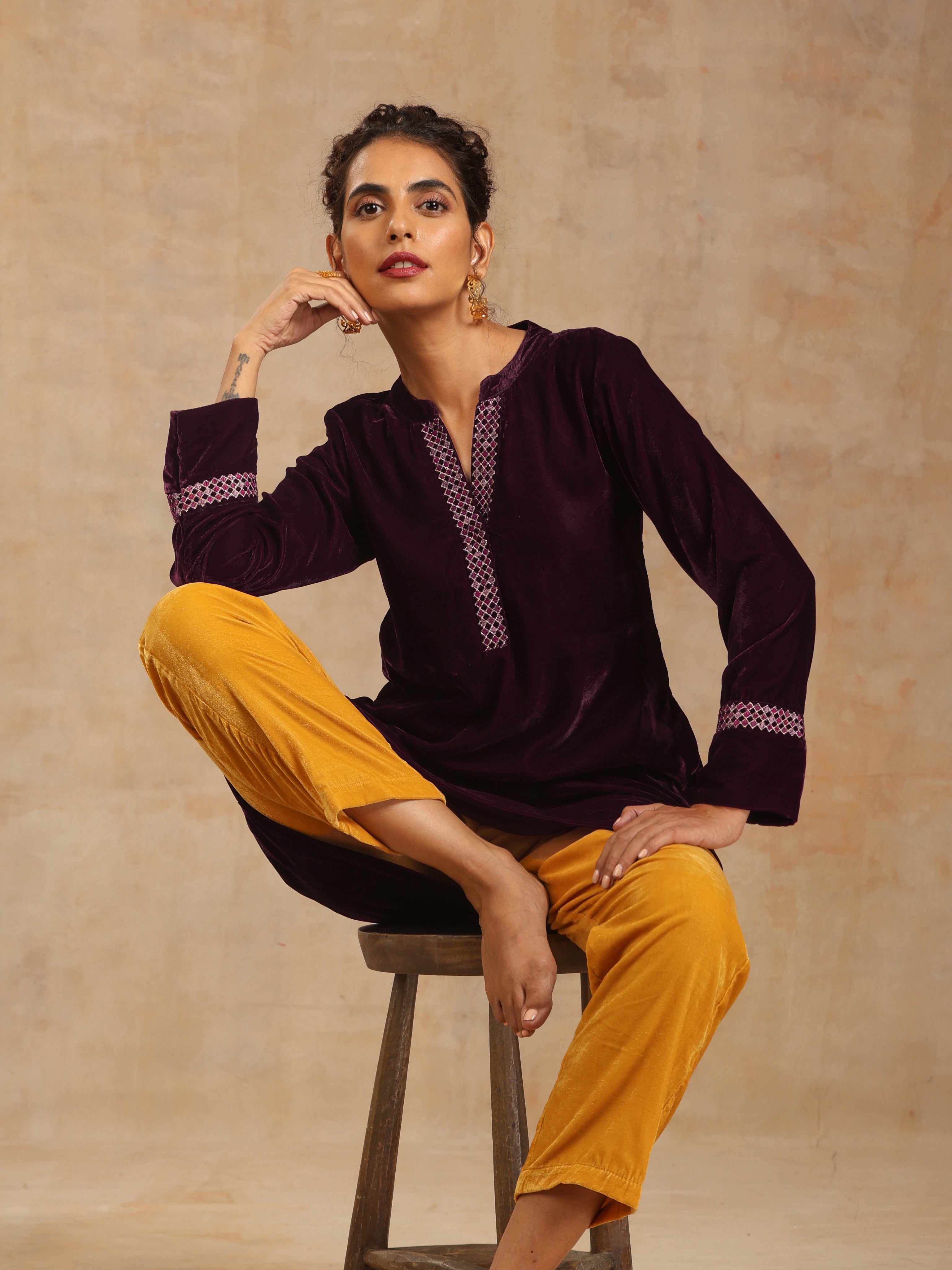 trueBrowns Wine Velvet Placket Embroidered Co-ord Set - Distacart