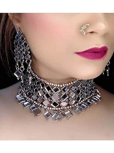 Tehzeeb Creations Women's Silver Colour Oxidised Necklace And Earring With Mirror Work - Distacart
