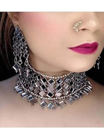 Thumbnail for Tehzeeb Creations Women's Silver Colour Oxidised Necklace And Earring With Mirror Work - Distacart