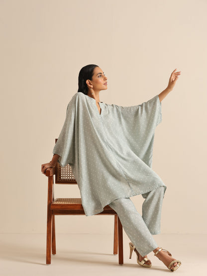 trueBrowns Grey Bandhani Printed Silk Kaftan Co-Ord Set - Distacart