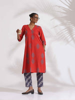 Thumbnail for trueBrowns Red Cotton Print Kurta Set