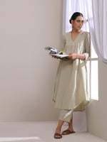 Thumbnail for trueBrowns Light Grey Slub Gathered Kurta Pant Set - Distacart