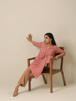 Thumbnail for trueBrowns Light Mauve Slub Texture Neck Pleat Kurta Pant Set - Distacart