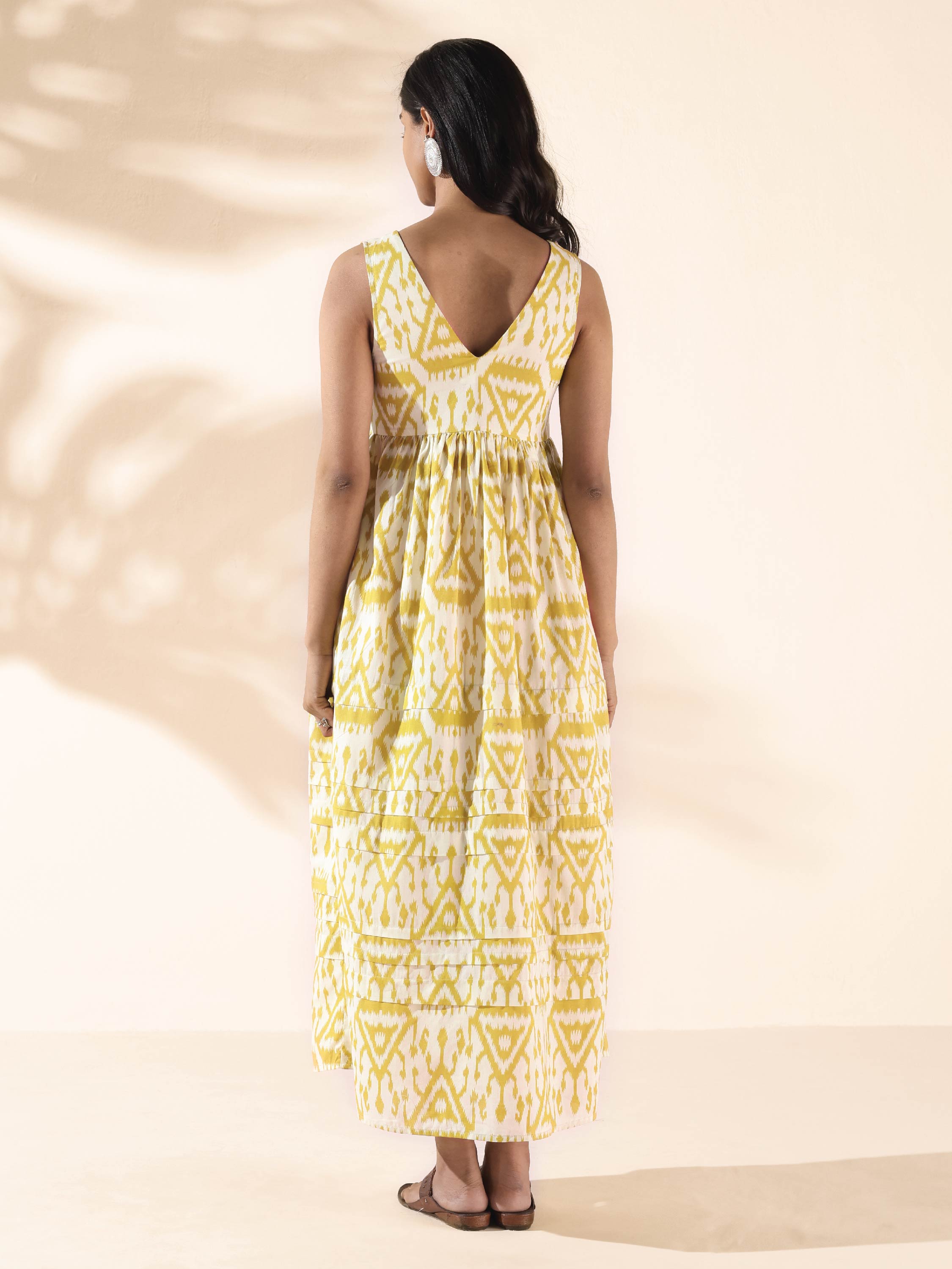 trueBrowns Lime Cotton Ikat Sleeveless Flared Dress - Distacart