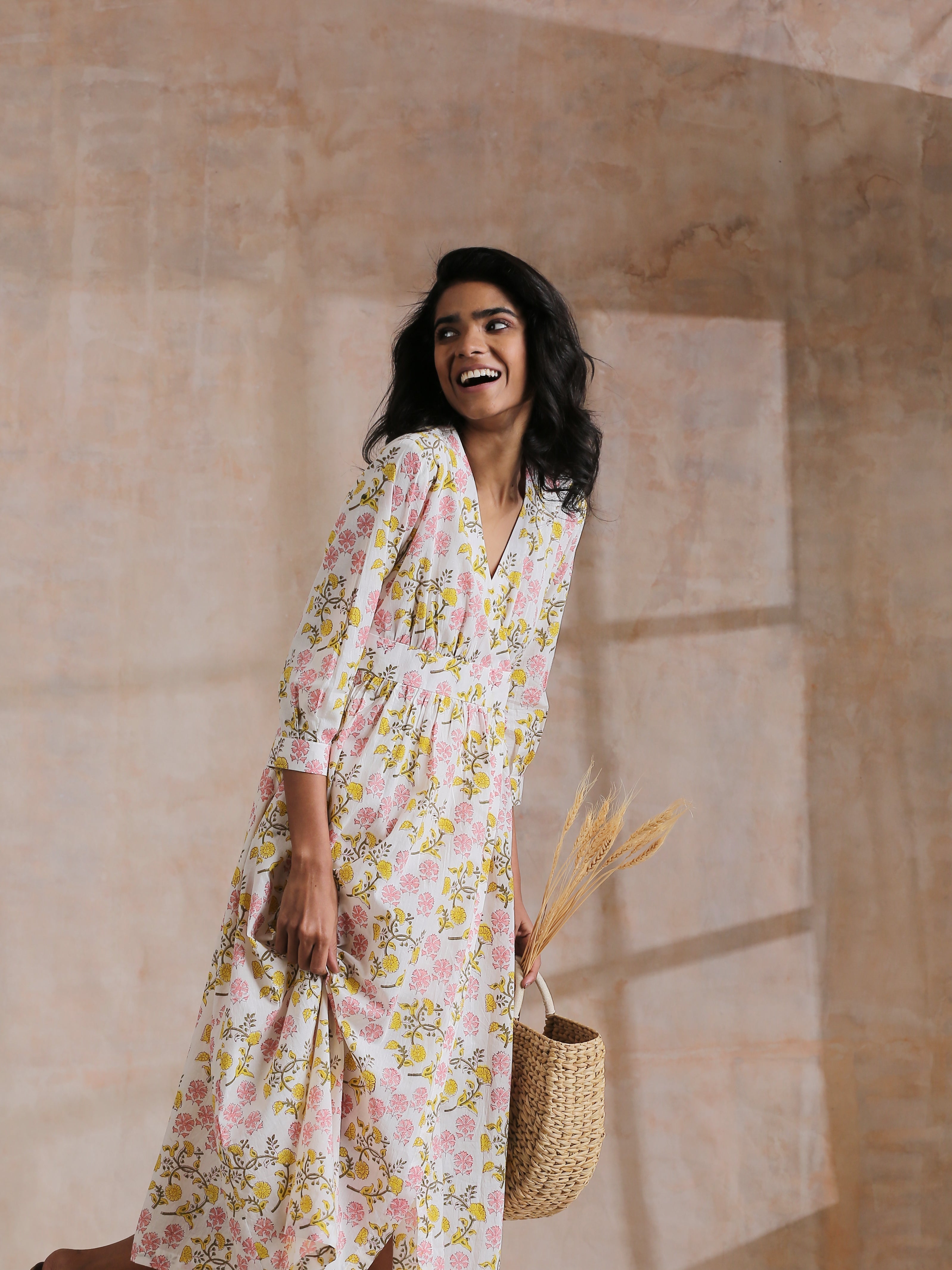 trueBrowns Pink Yellow Floral On White Block Print Cotton Wrap Dress | Relove