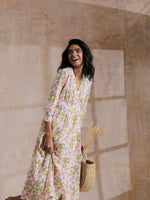 Thumbnail for trueBrowns Pink Yellow Floral On White Block Print Cotton Wrap Dress | Relove