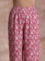 Thumbnail for trueBrowns Pink Green Floral On White Block Print Cotton Slit Kurta Pant Set | Relove