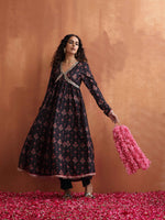 Thumbnail for trueBrowns Black Print Flared Anarkali Kurta Set