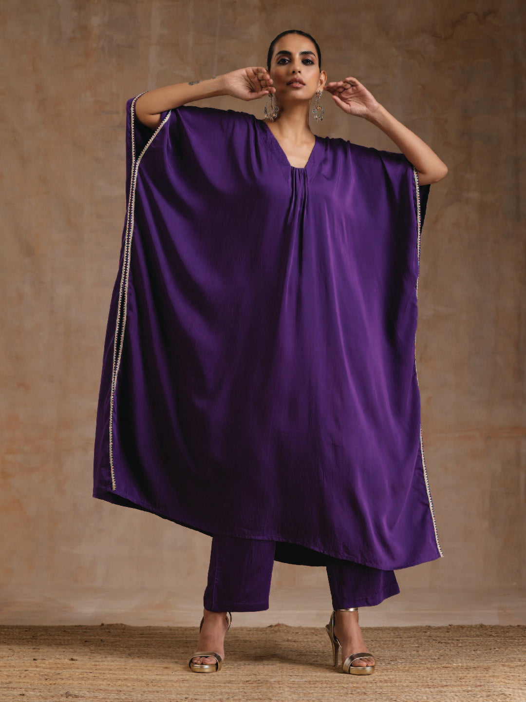 trueBrowns Violet Modal Satin Kaftan Kurta Set - Distacart
