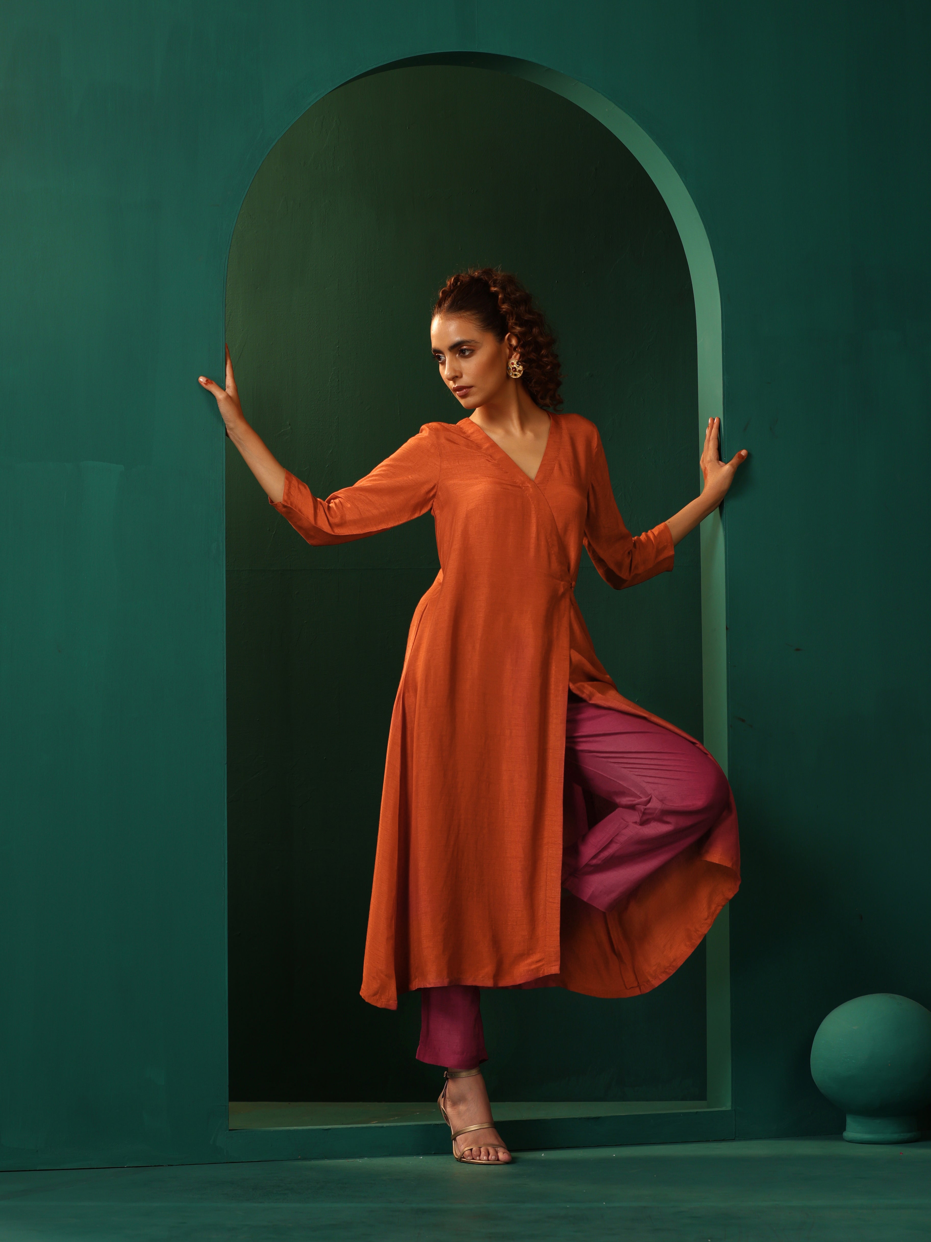 trueBrowns Rust Silk Angrakha Kurta Pant Set - Distacart
