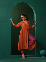 Thumbnail for trueBrowns Rust Silk Angrakha Kurta Pant Set - Distacart