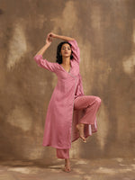 Thumbnail for trueBrowns Light Mauve Bandhani Printed Silk Angrakha Kurta Pant Set - Distacart