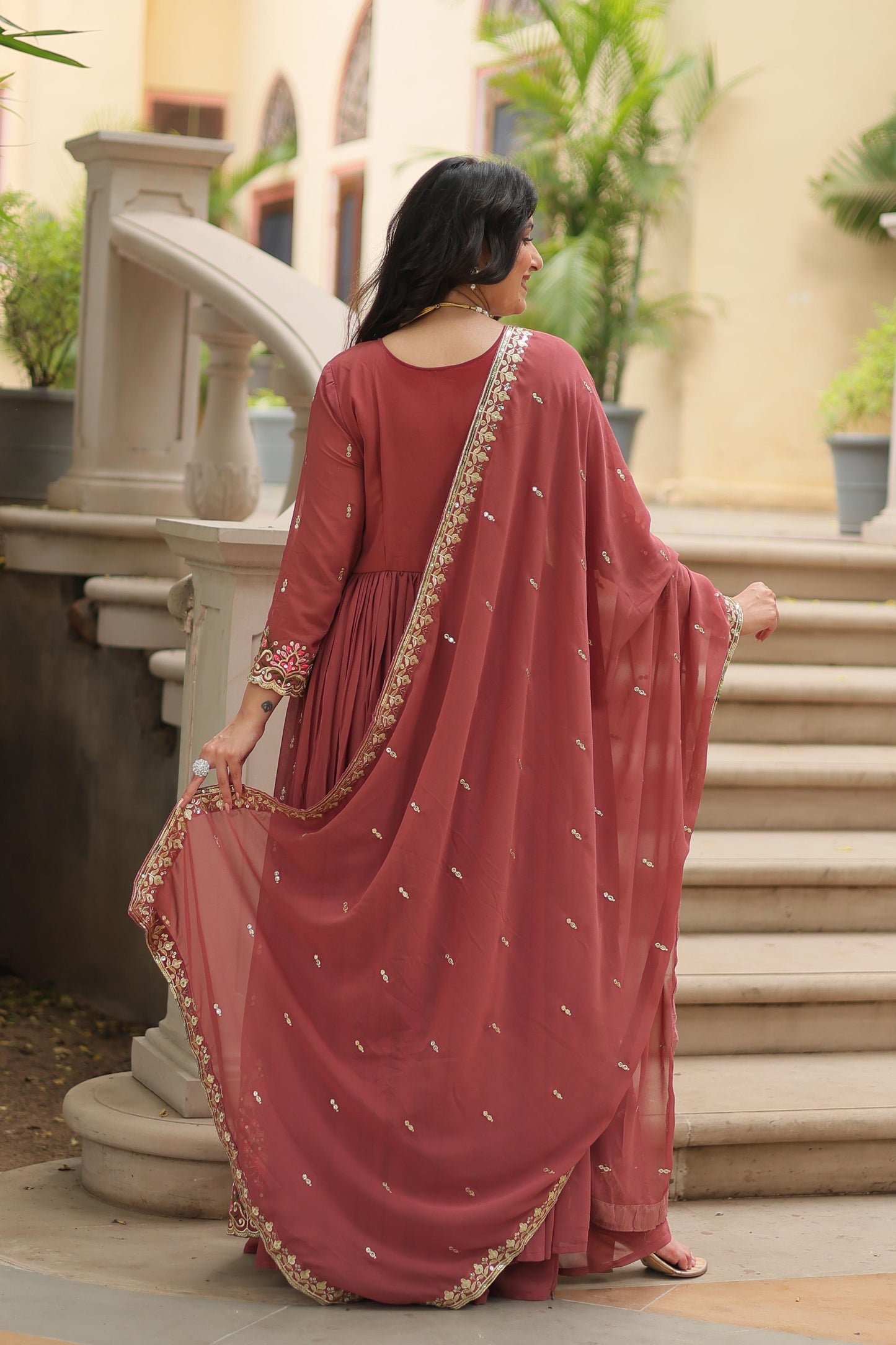 Anaita D Peach Georgette Readymade Suit with Embroidery & Sequence Work - Dista