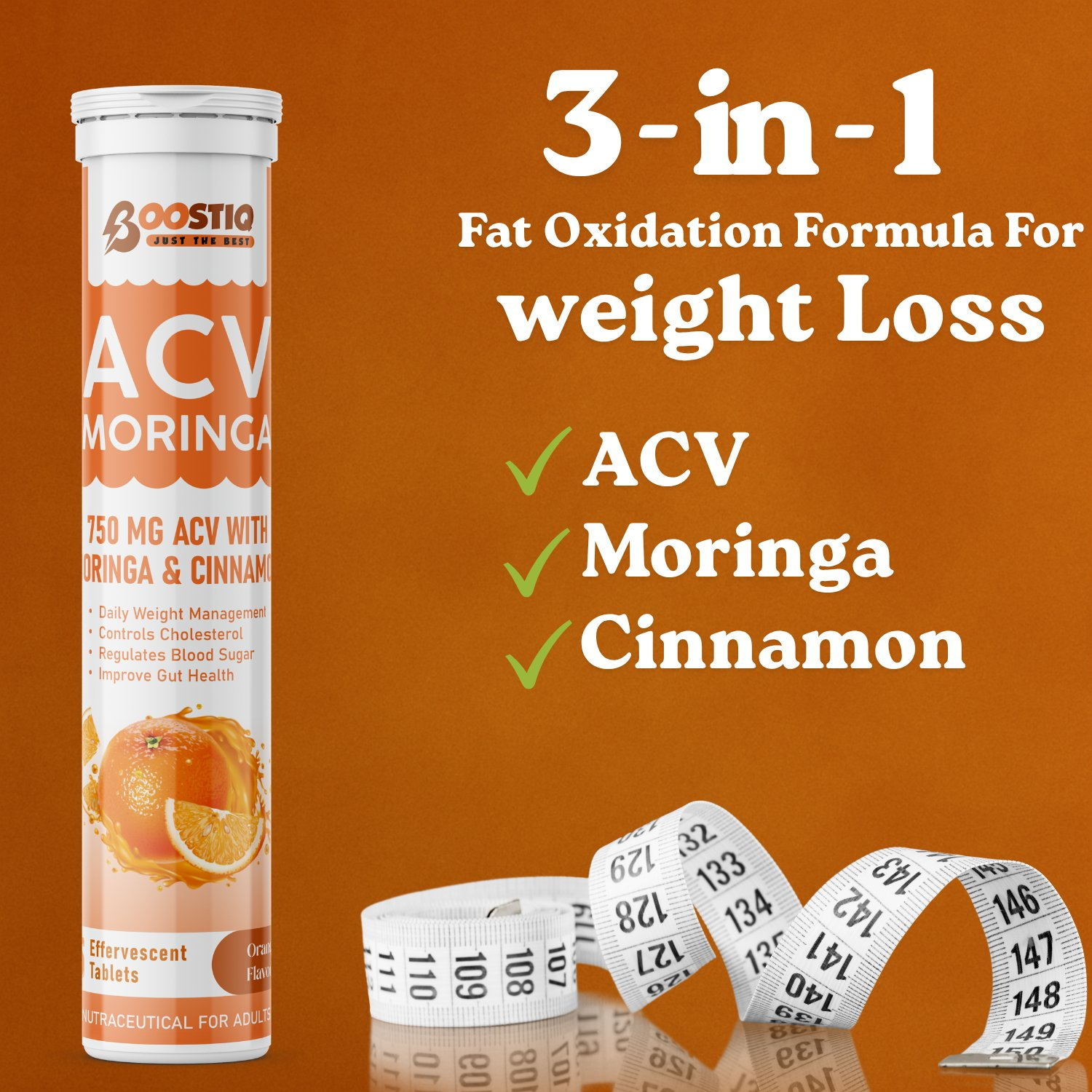 BOOSTIQ ACV Moringa & Cinnamon Effervescent Tablets - Orange Flavour - Distacart