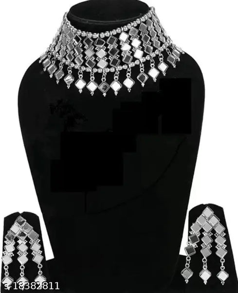 Tehzeeb Creations Women's Silver Colour Oxidised Necklace And Earring With Mirror Work - Distacart
