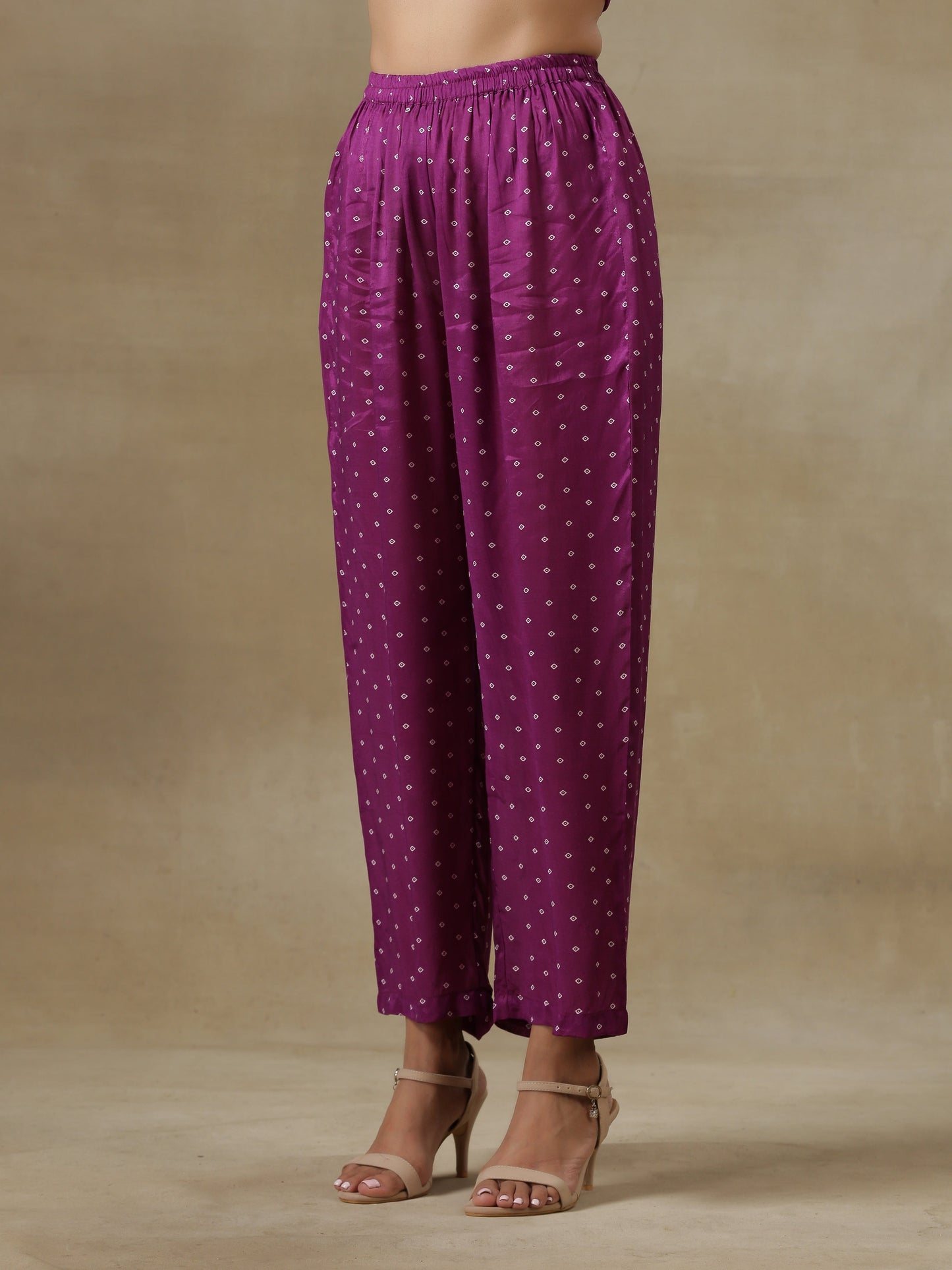 trueBrowns Purple Bandhani Printed Silk Drop Shoulder Kurta Pant Set - Distacart