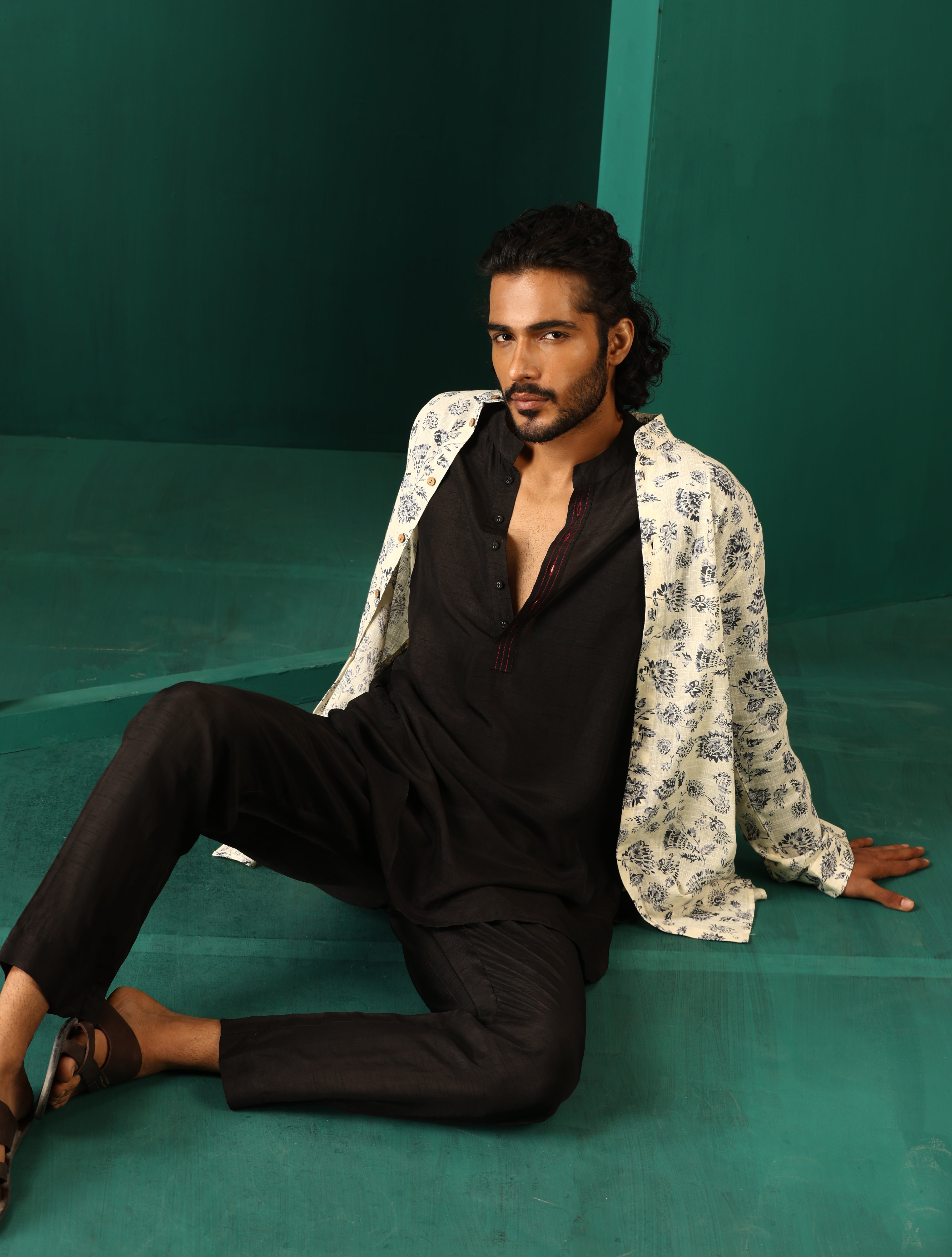 trueBrowns Men's Black Silk Co-ord Set Stitch Detail - Distacart