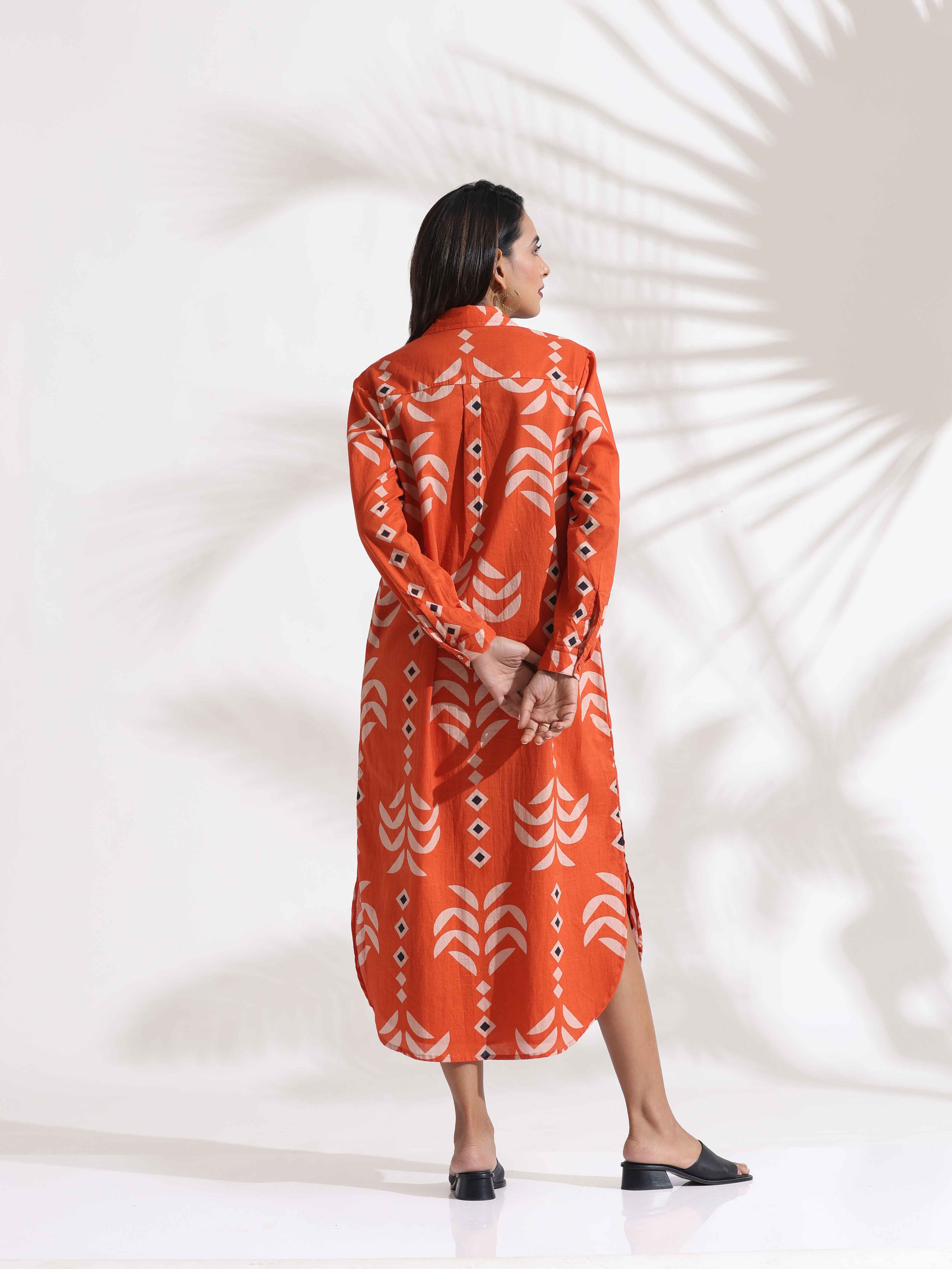 trueBrowns Orange Cotton Print Shirt Dress