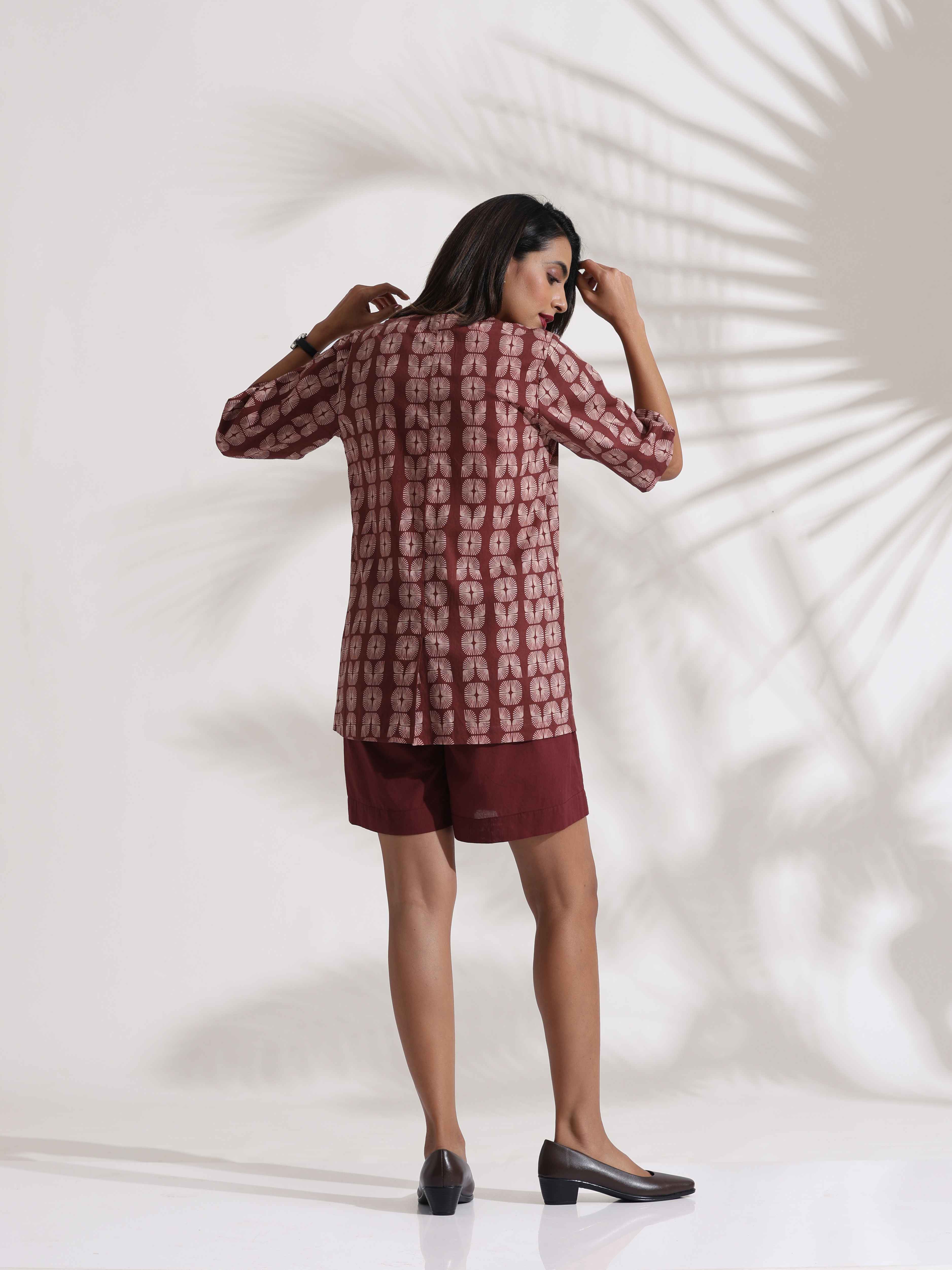 trueBrowns Brown Cotton Print Jacket Top & Short Co-ord Set