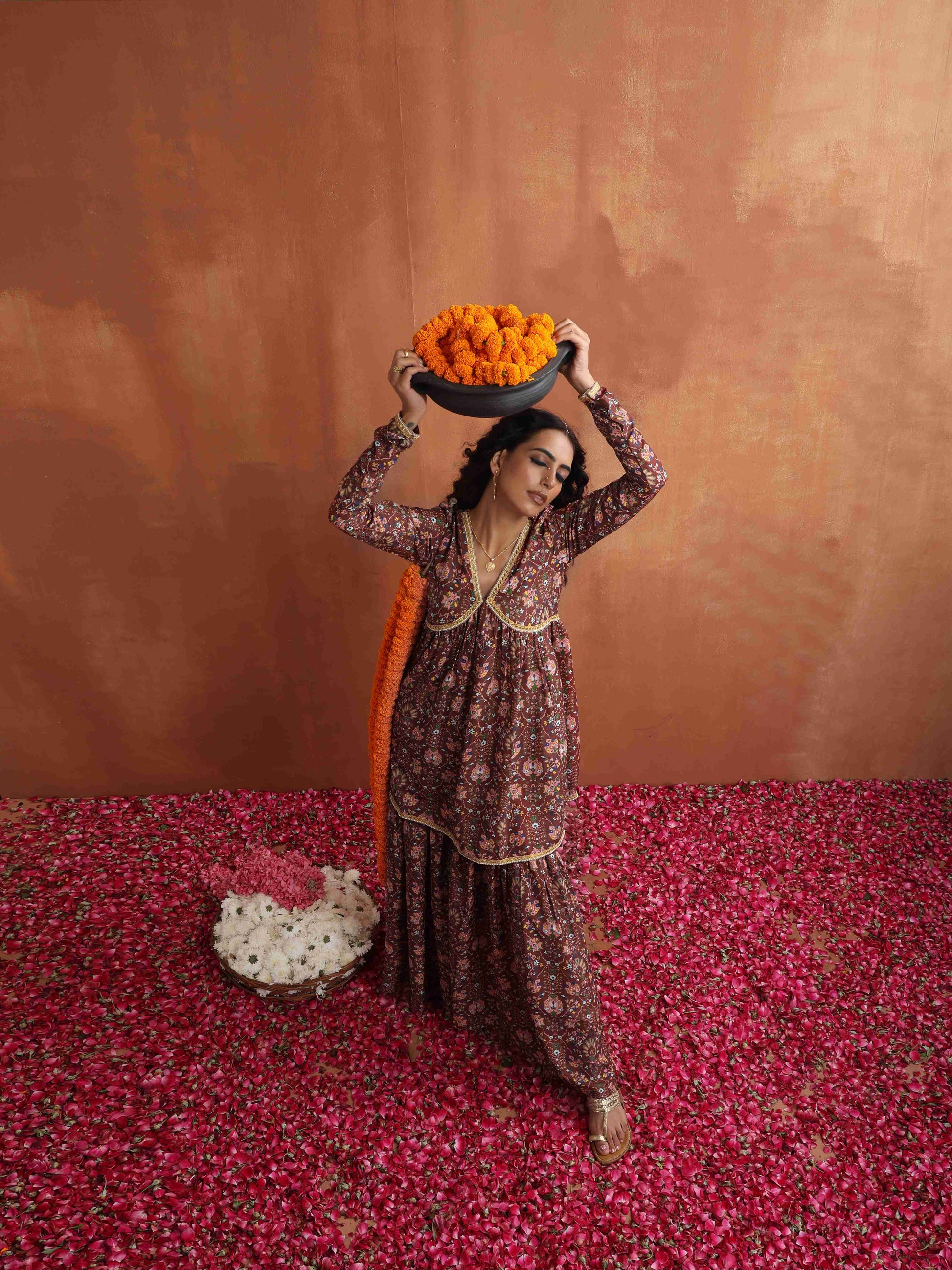 trueBrowns Brown Print Sharara Set - Distacart