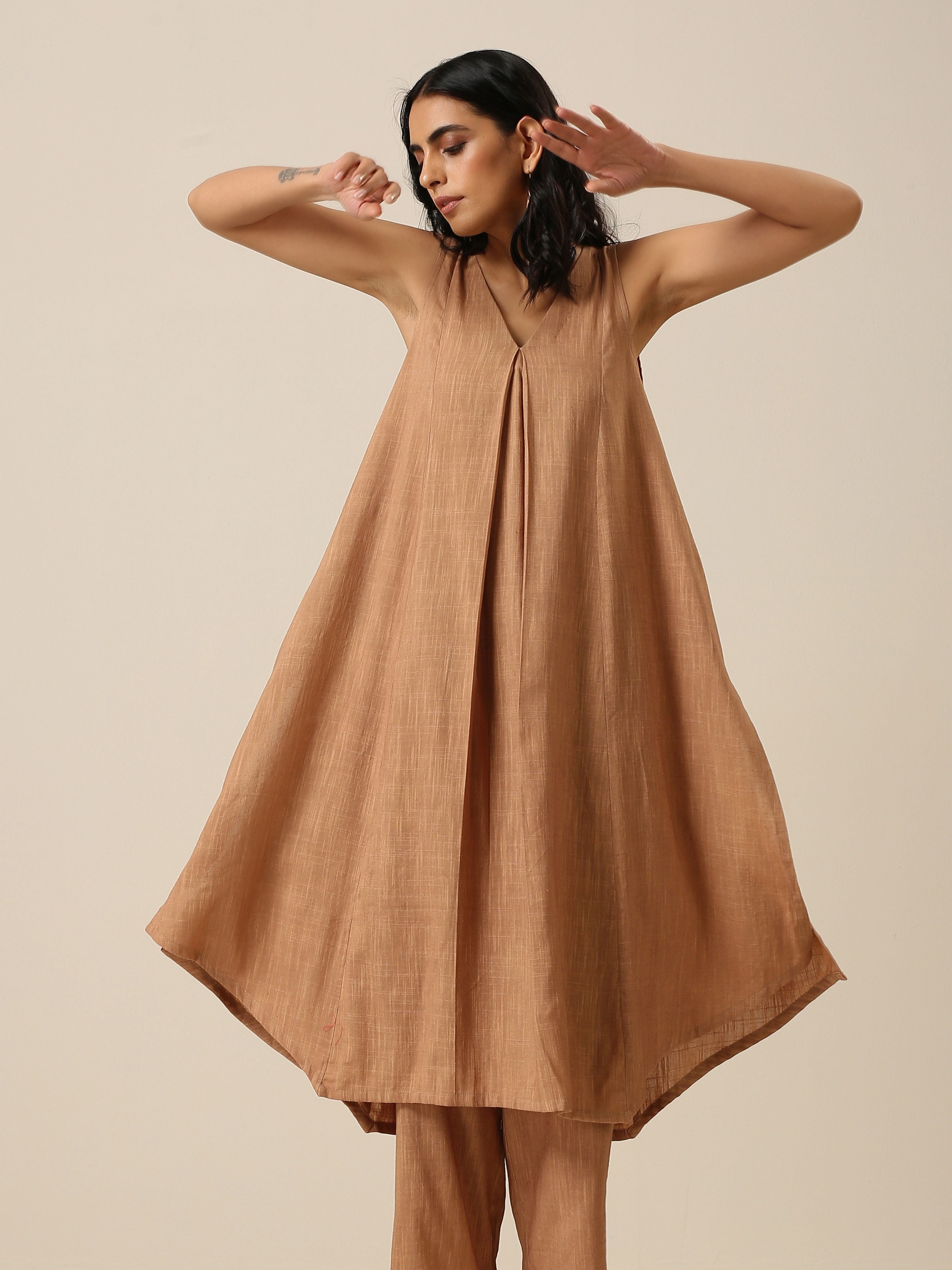 trueBrowns Beige Slub Texture Sleeveless Flared Kurta Pant Set - Distacart