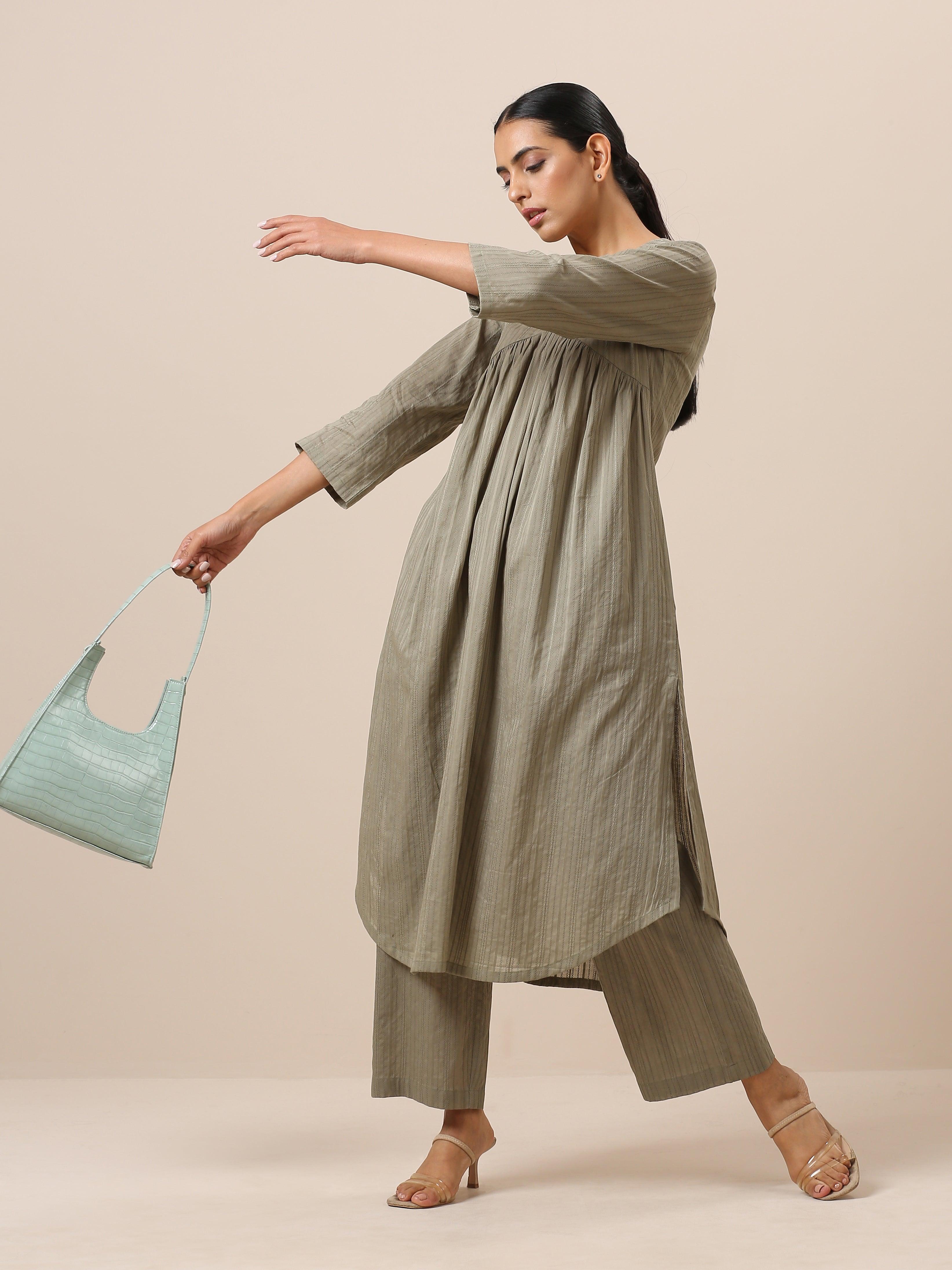 trueBrowns Cotton Olive Green Flared Slit Kurta Pant Set - Distacart