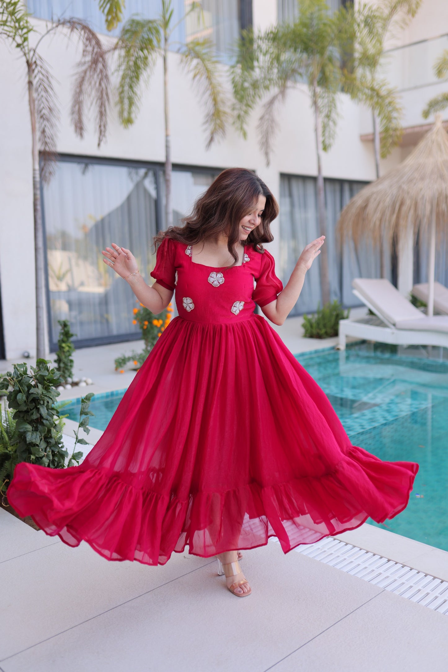 Anaita Red Silk Readymade Gown with Embroidery & Beads Work - Dista