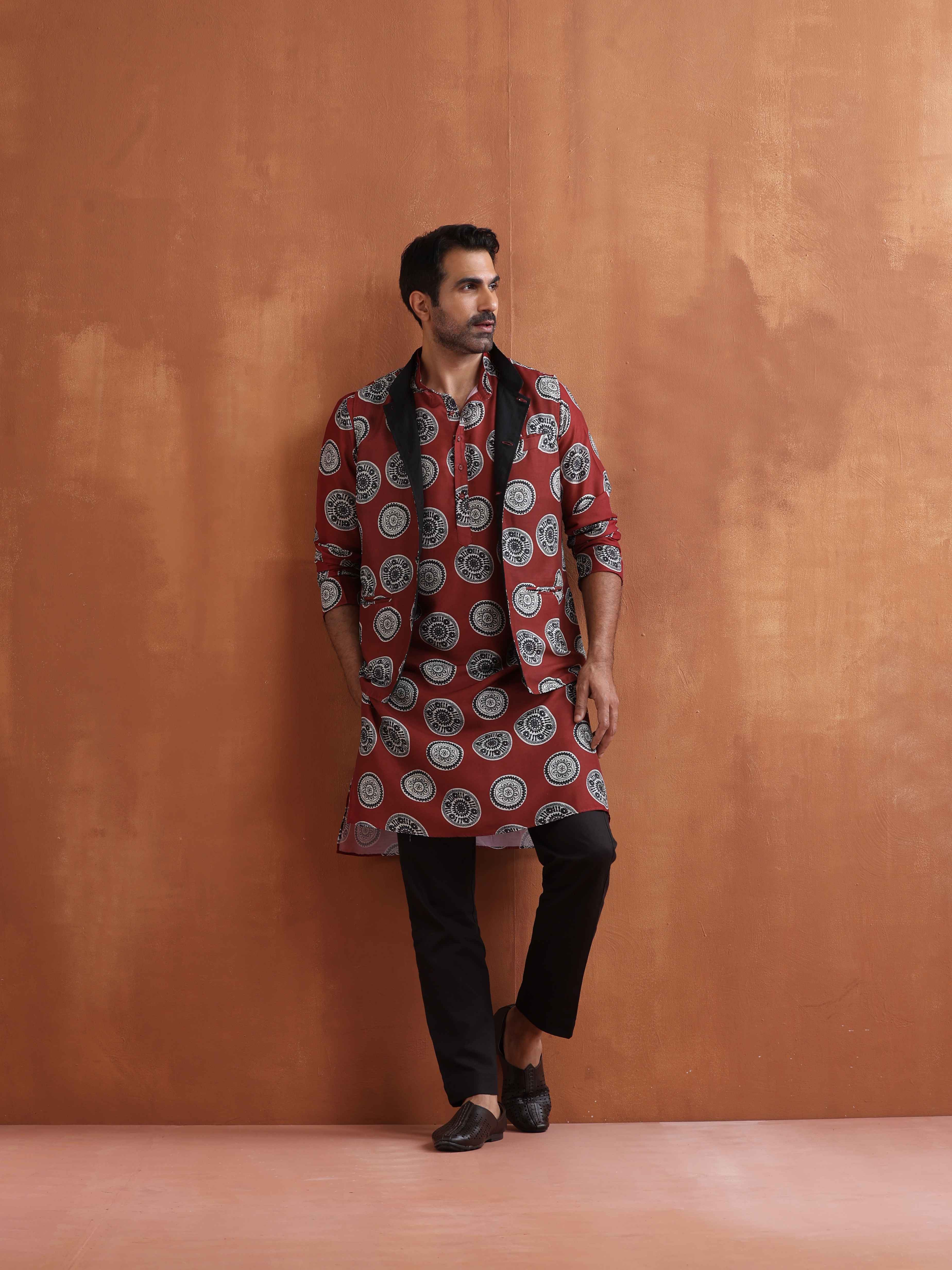 trueBrowns Men's Rust Printed Nehru Jacket