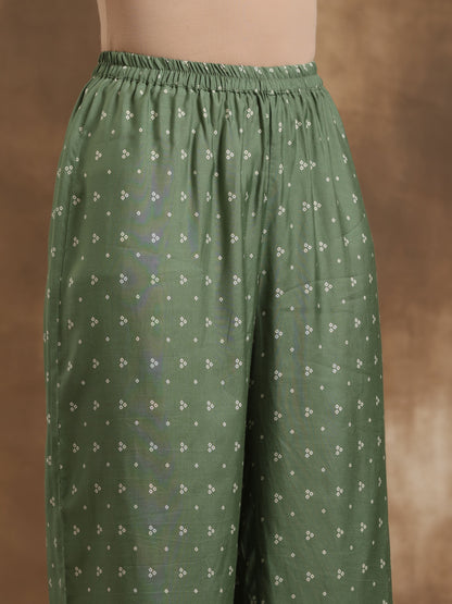 trueBrowns Light Green Bandhani Printed Silk Oversized Kurta Pant Set - Distacart