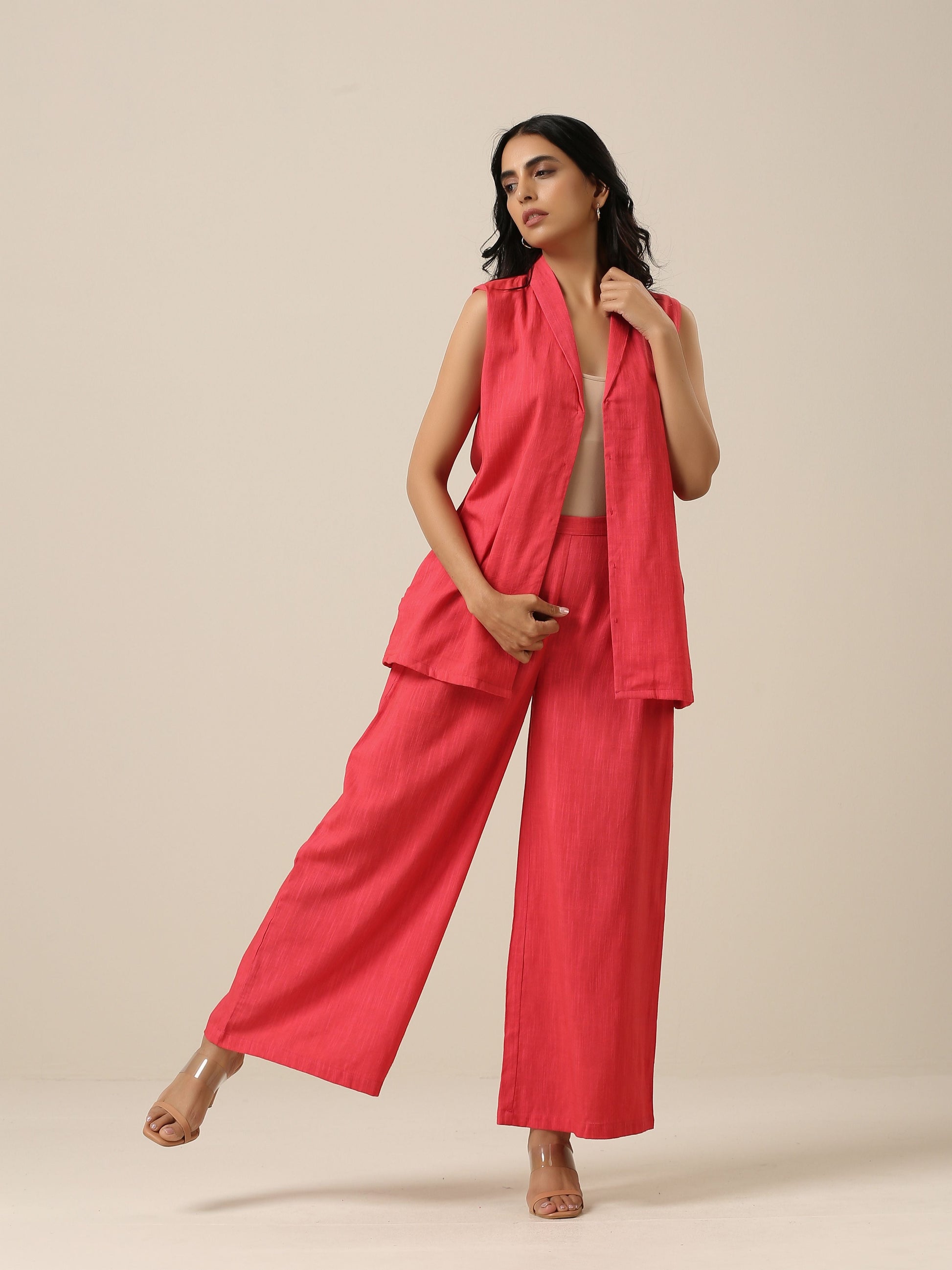 trueBrowns Bright Pink Slub Texture Sleevesless Jacket Pant Set - Distacart