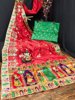 Thumbnail for Lorenvalley Fashion Premium Red Vichitra Silk Embroidery and Diamond work Both Side Saree - Distacart