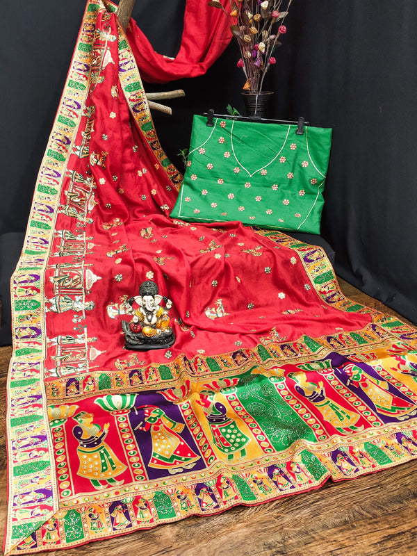 Lorenvalley Fashion Premium Red Vichitra Silk Embroidery and Diamond work Both Side Saree - Distacart