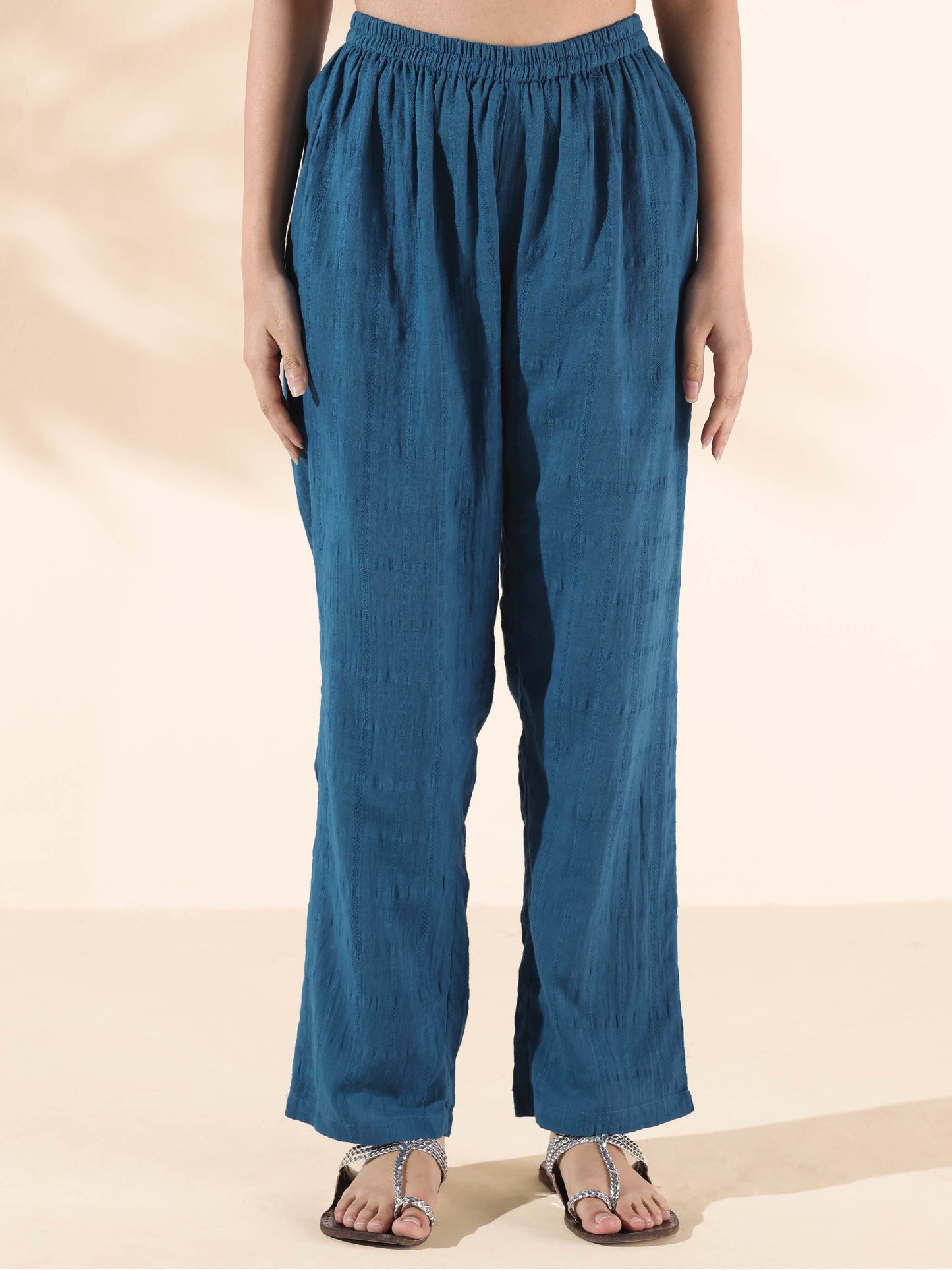 trueBrowns Blue Cotton Dobby Flared Co-ord Set - Distacart