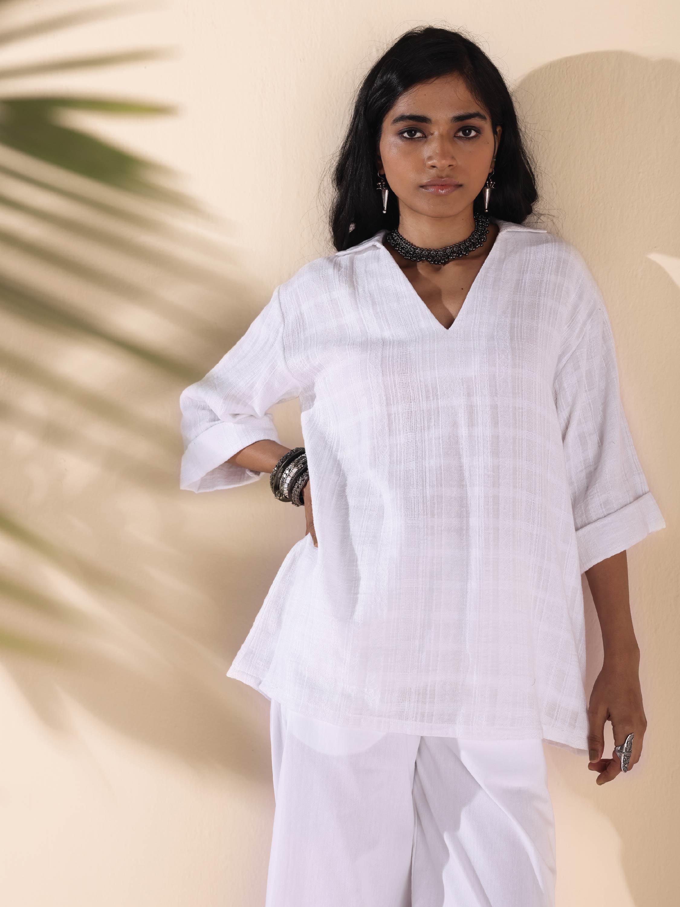 trueBrowns White Cotton Dobby V-Neck Co-ord Set - Distacart