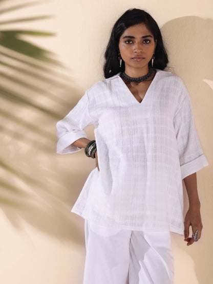 trueBrowns White Cotton Dobby V-Neck Co-ord Set - Distacart