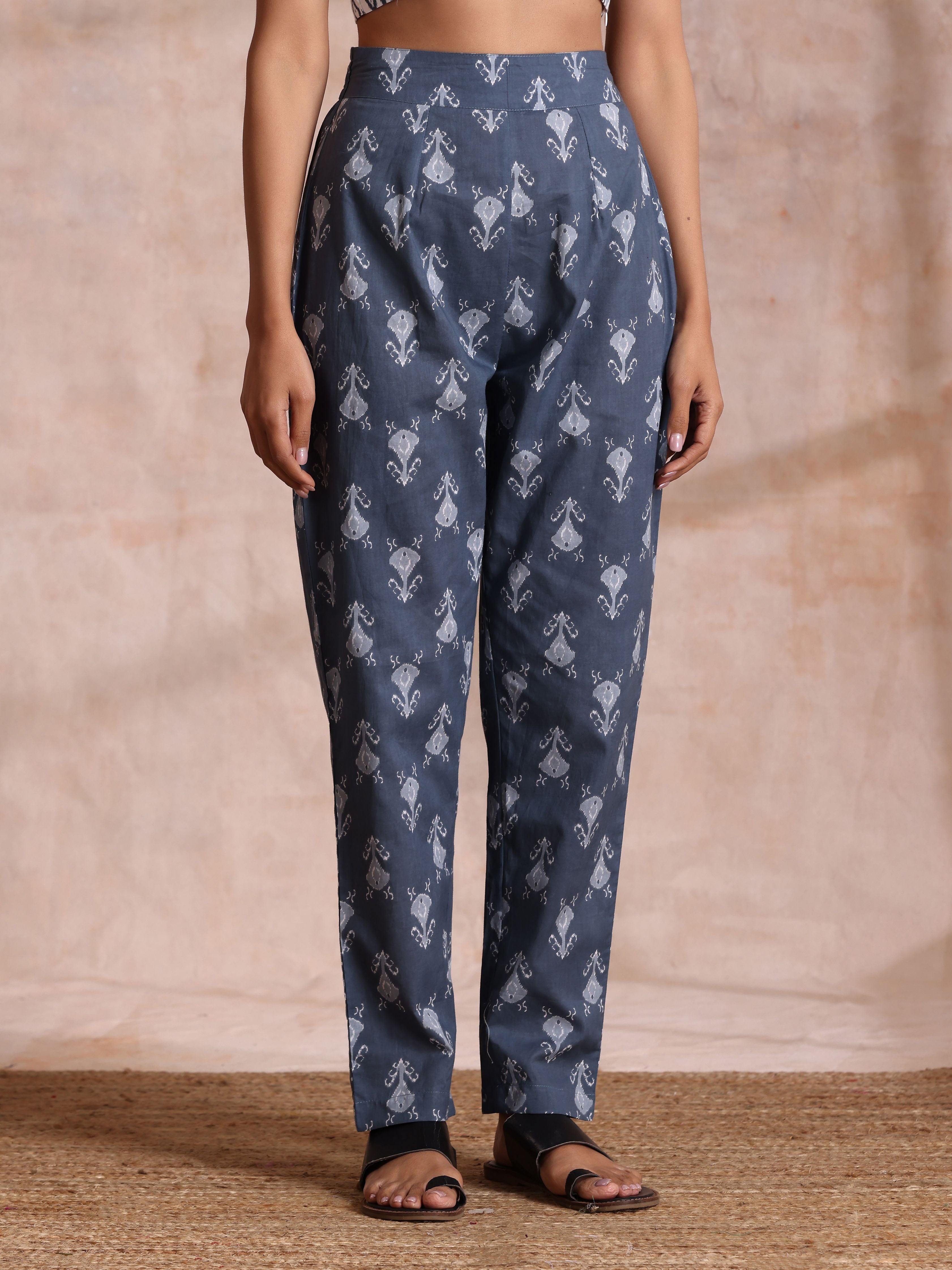 trueBrowns Grey On Grey Ikat Print Cotton Pant Suit Set - Distacart