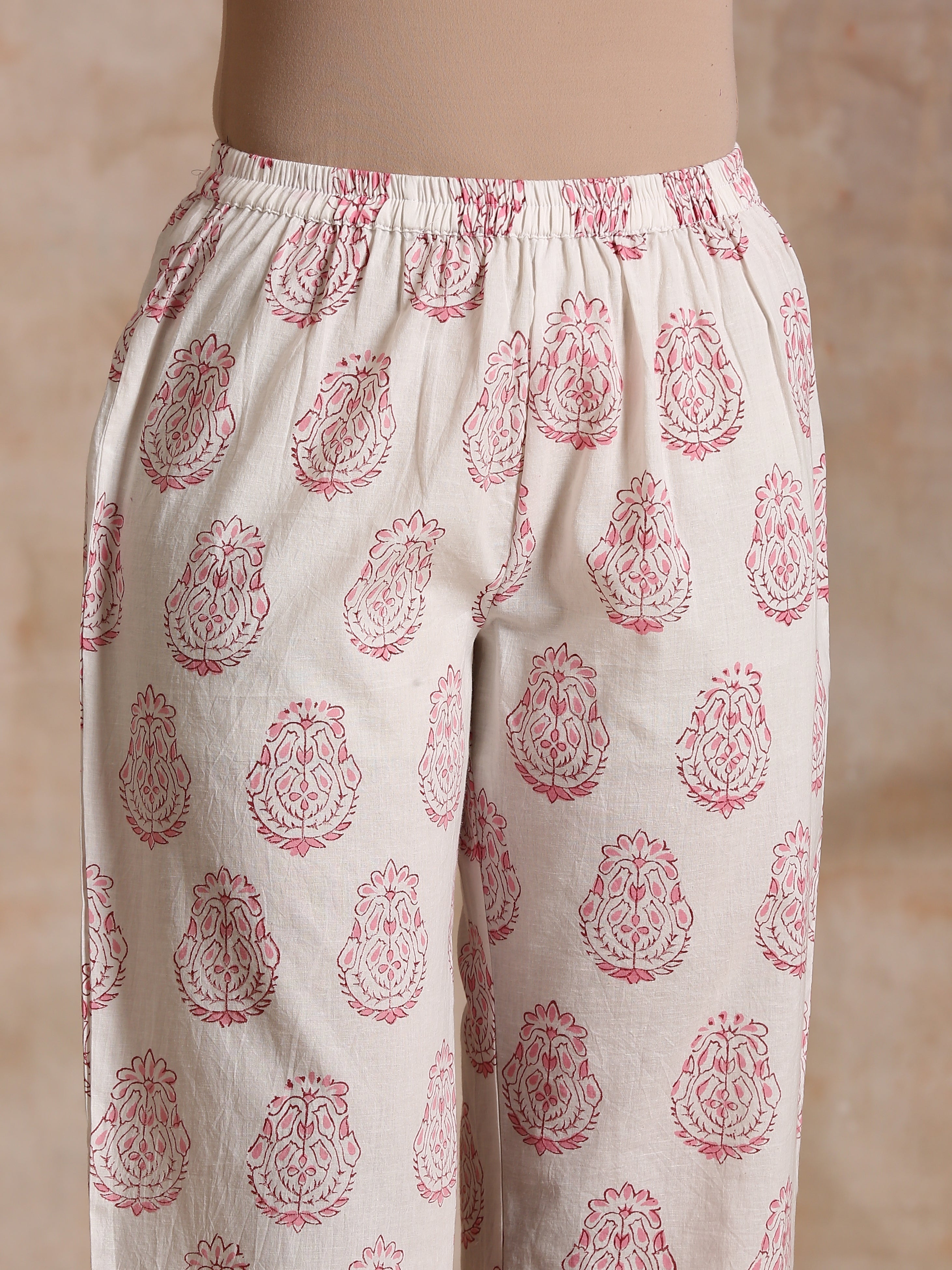 trueBrowns Pink Big Buta On White Print Cotton Angrakha Kurta Pant Set - Distacart