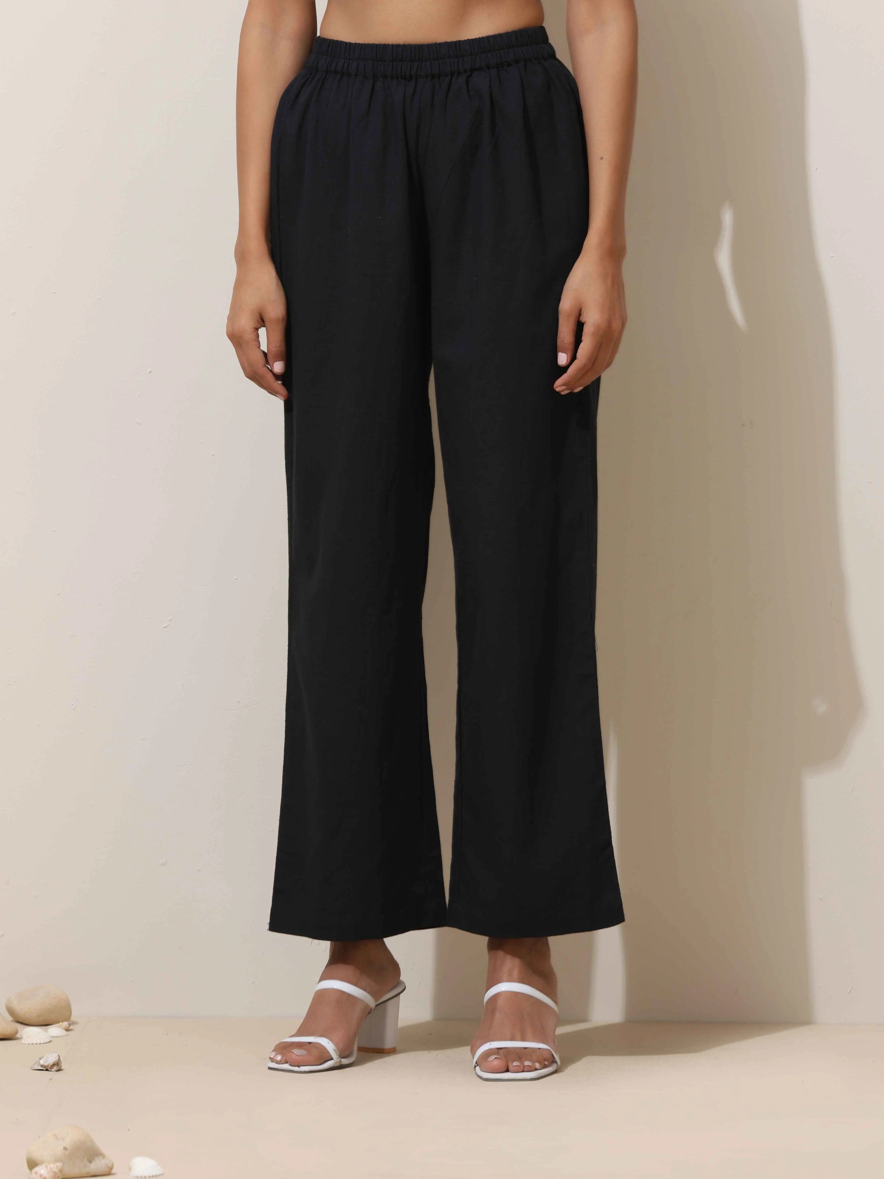 trueBrowns Black Cotton Linen Kurta Pant Set