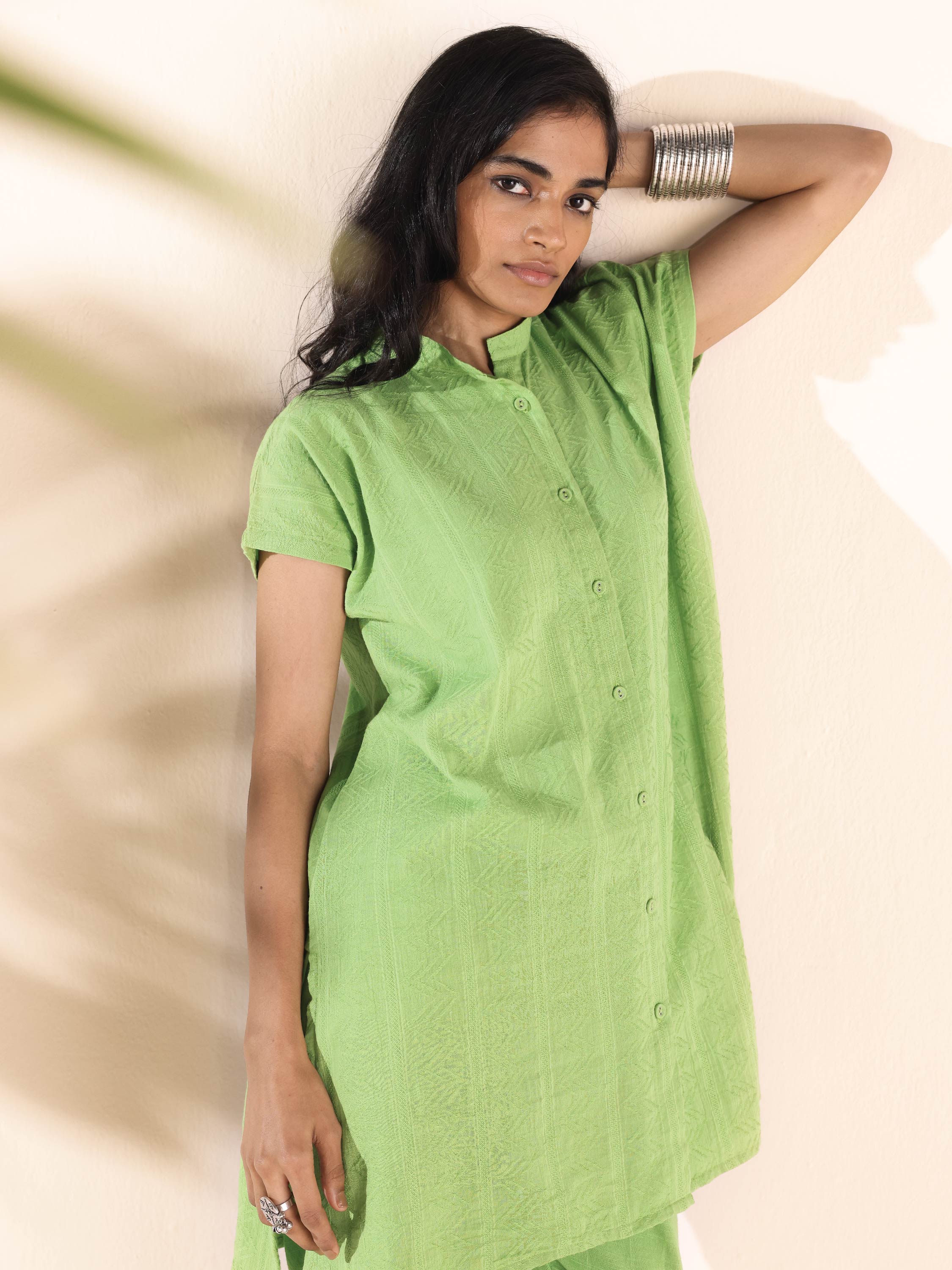 trueBrowns Green Cotton Dobby Shirt Co-ord Set - Distacart