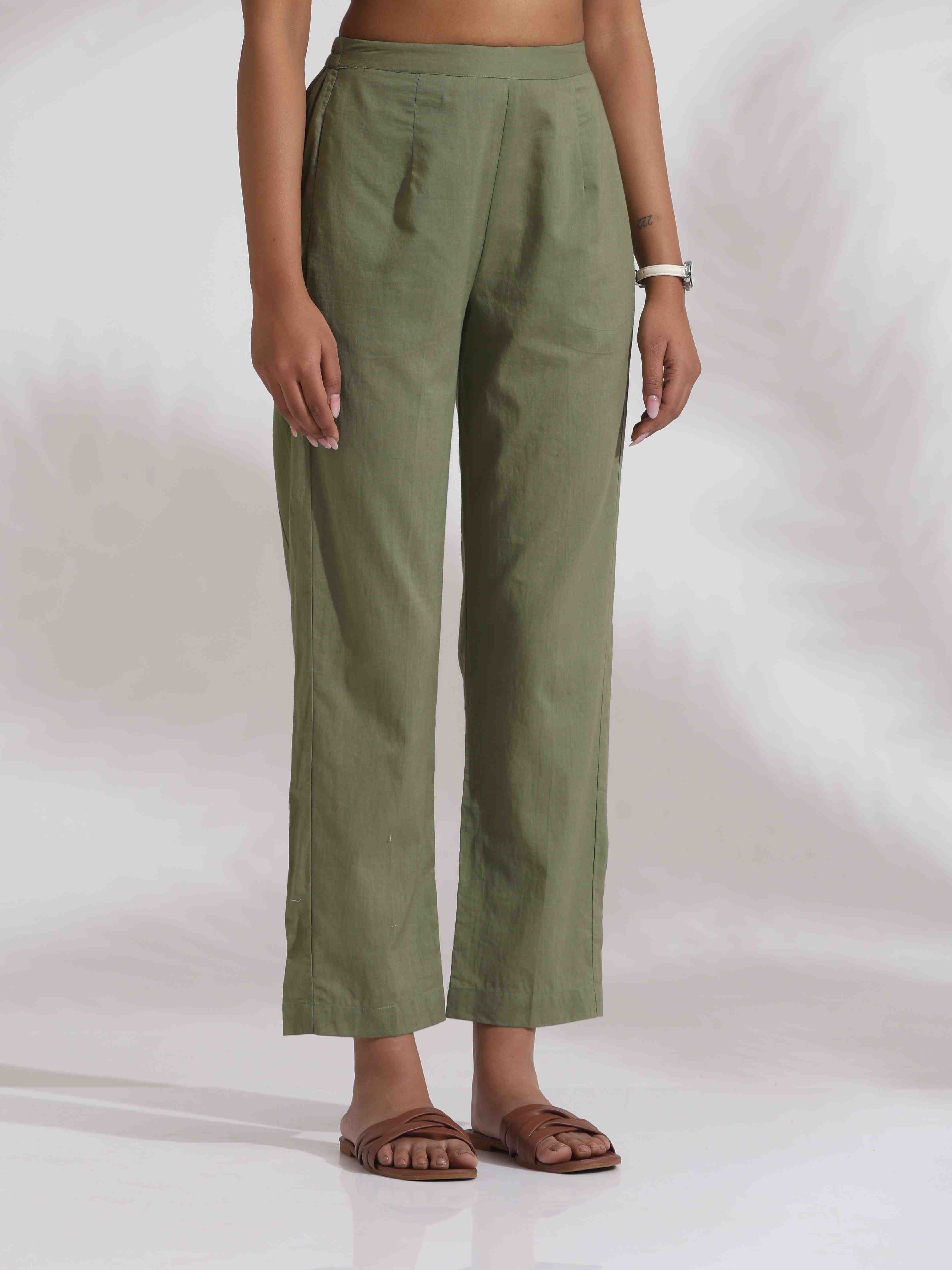trueBrowns Olive Green Cotton Floral Embroidered Co-ord Set