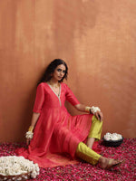 Thumbnail for trueBrowns Hot Pink Tissue Flared Anarkali Kurta Set