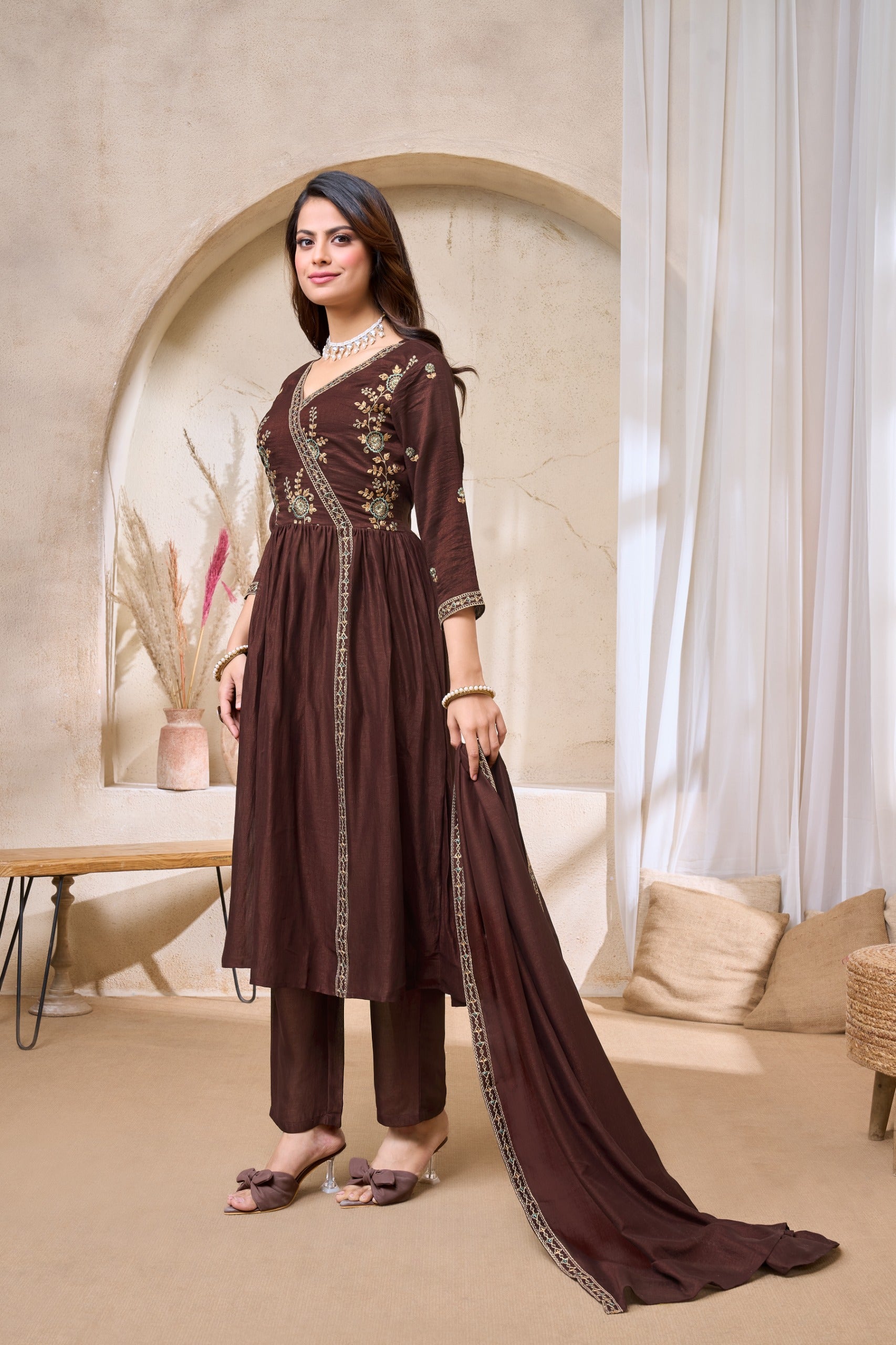 Anaita Coffee Anarkali Readymade Suit with Embroidery Work - Dista