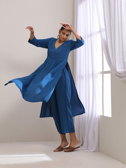 trueBrowns Classic Blue Dobby High Slit Gathered Kurta Set - Distacart