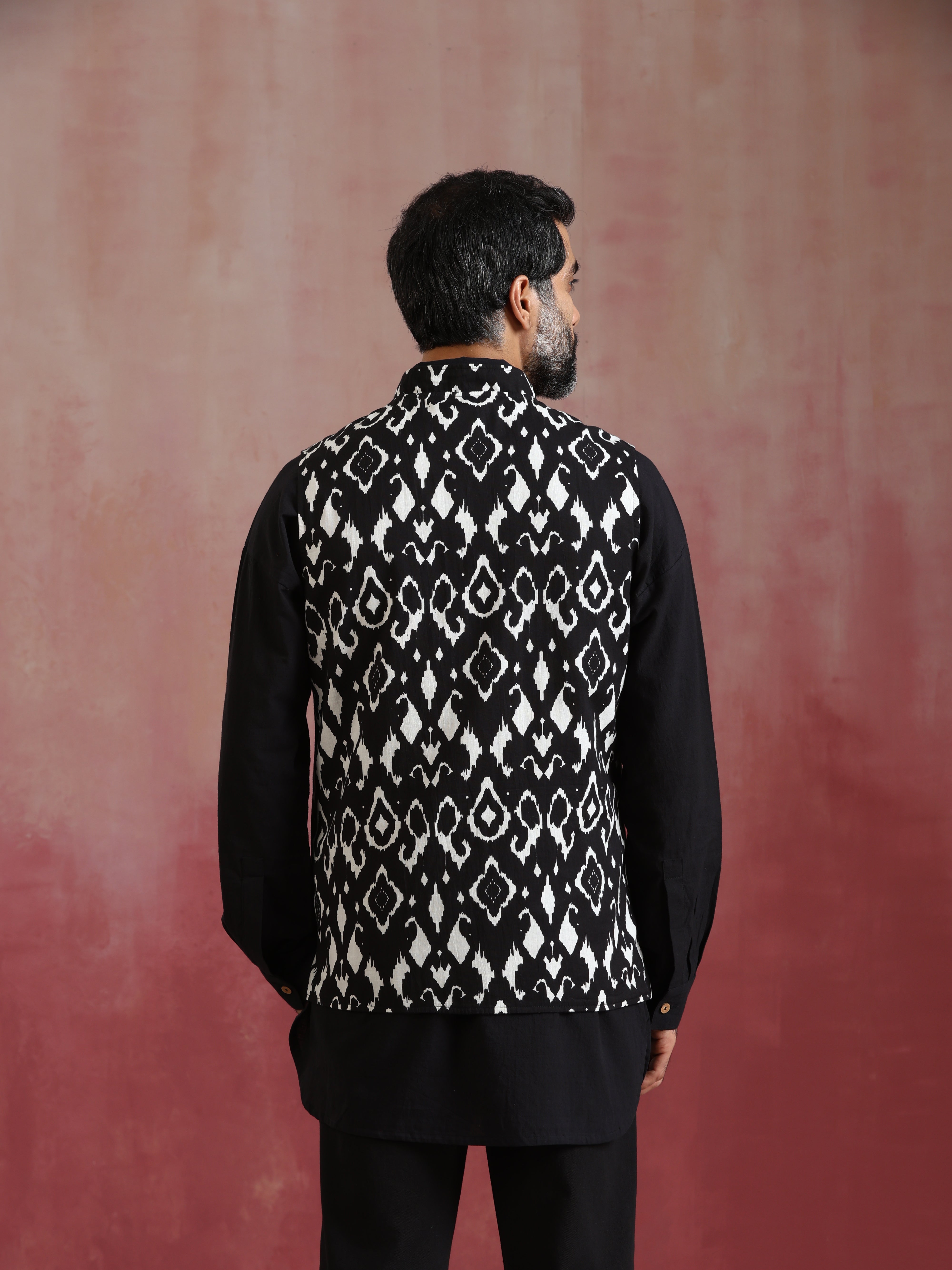 trueBrowns Men's Black Ikat Print Cotton Reversible Nehru Jacket