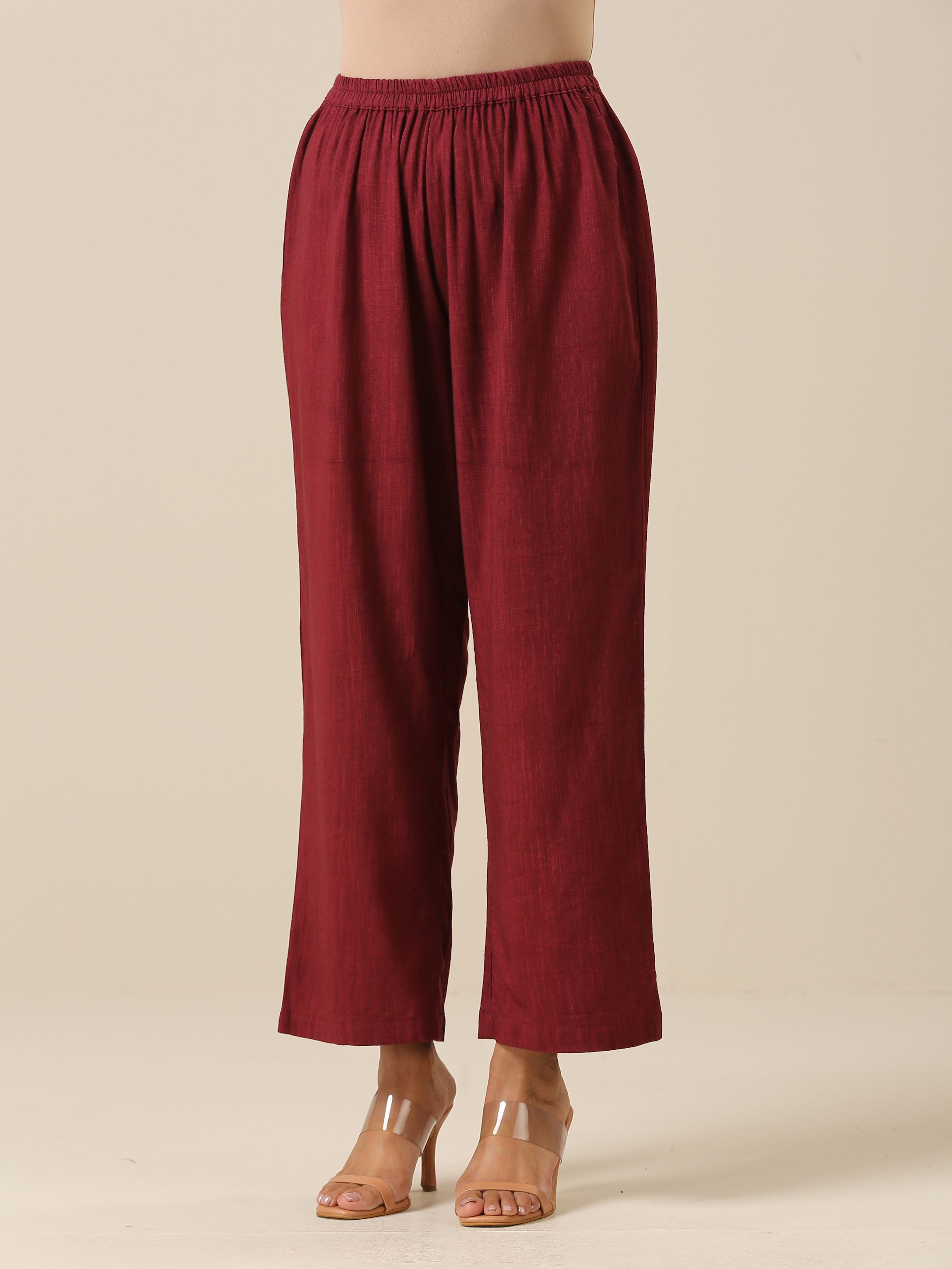 trueBrowns Ruby Wine Slub Texture Back Pleat Kurta Pant Set - Distacart