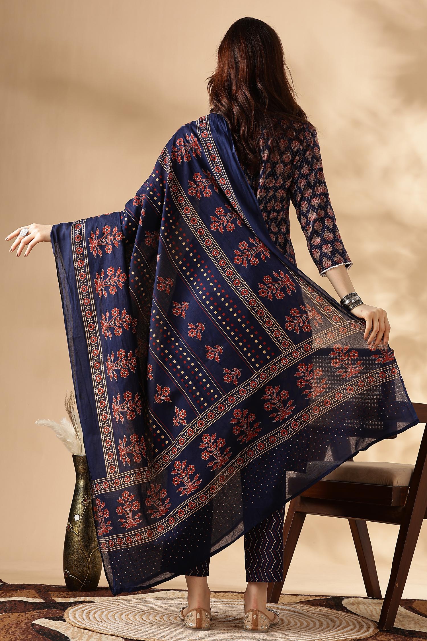 BulBul Navy Cotton Abstract Kurta Set with Dupatta